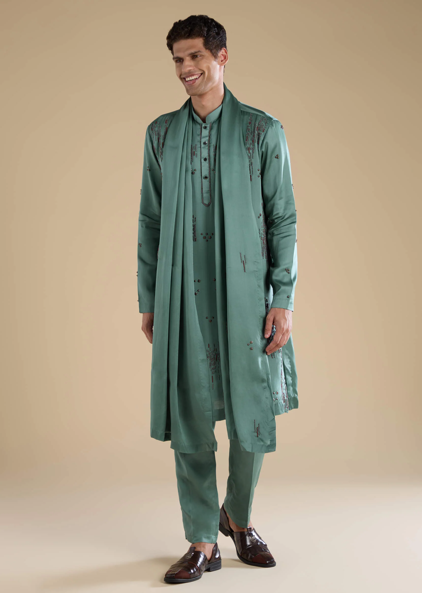Green Linen Mens Kurta Set with Dupatta - Image 3