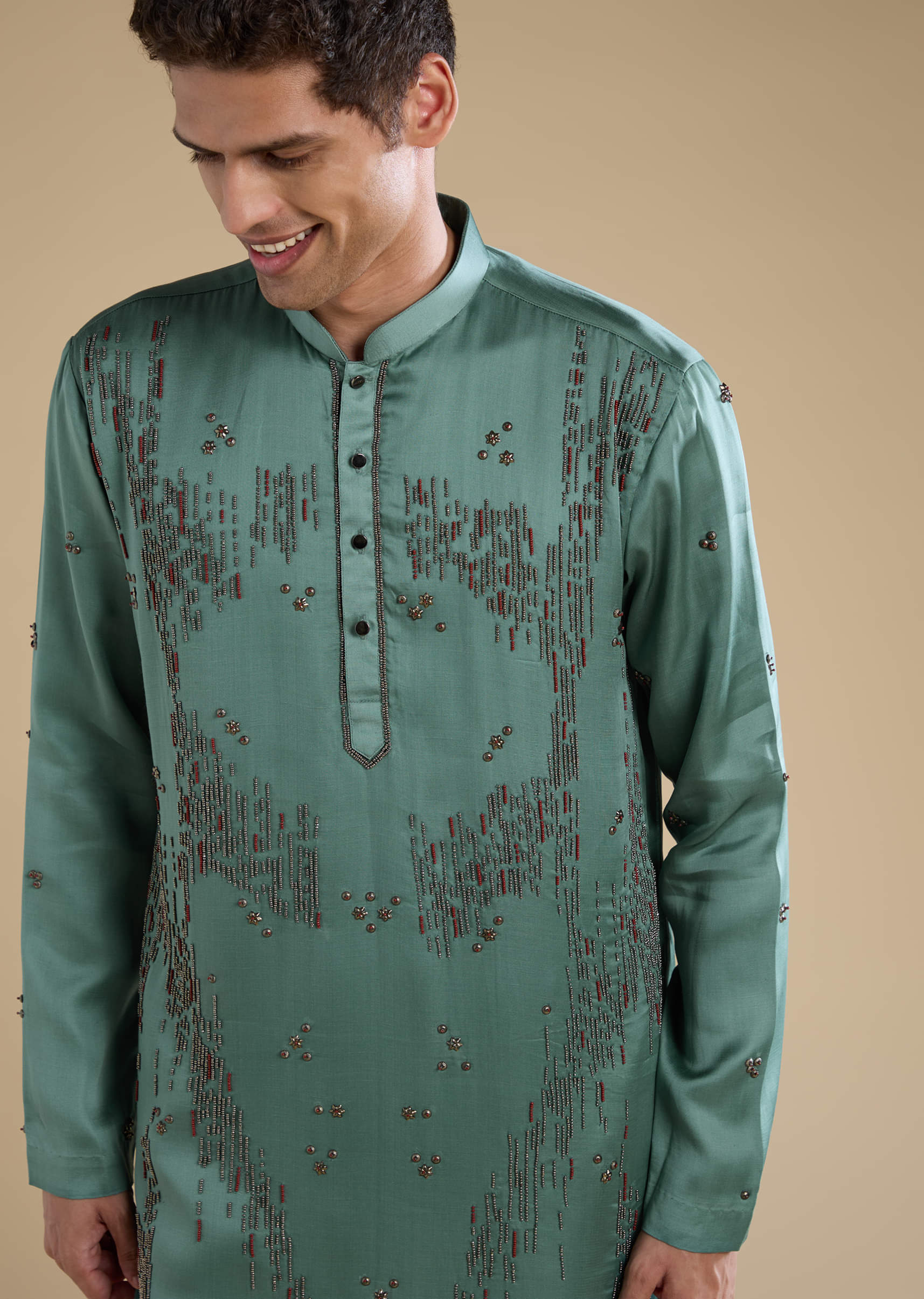 Green Linen Mens Kurta Set with Dupatta - Image 4