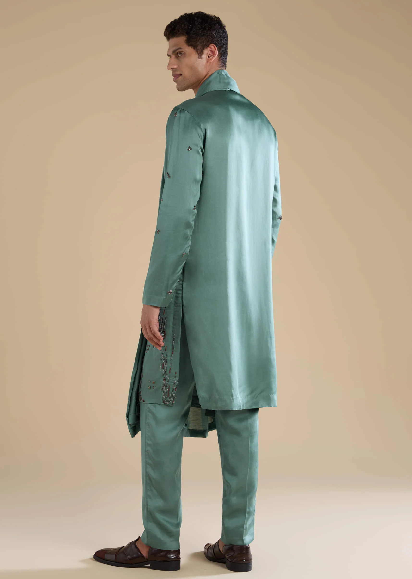 Green Linen Mens Kurta Set with Dupatta - Image 5