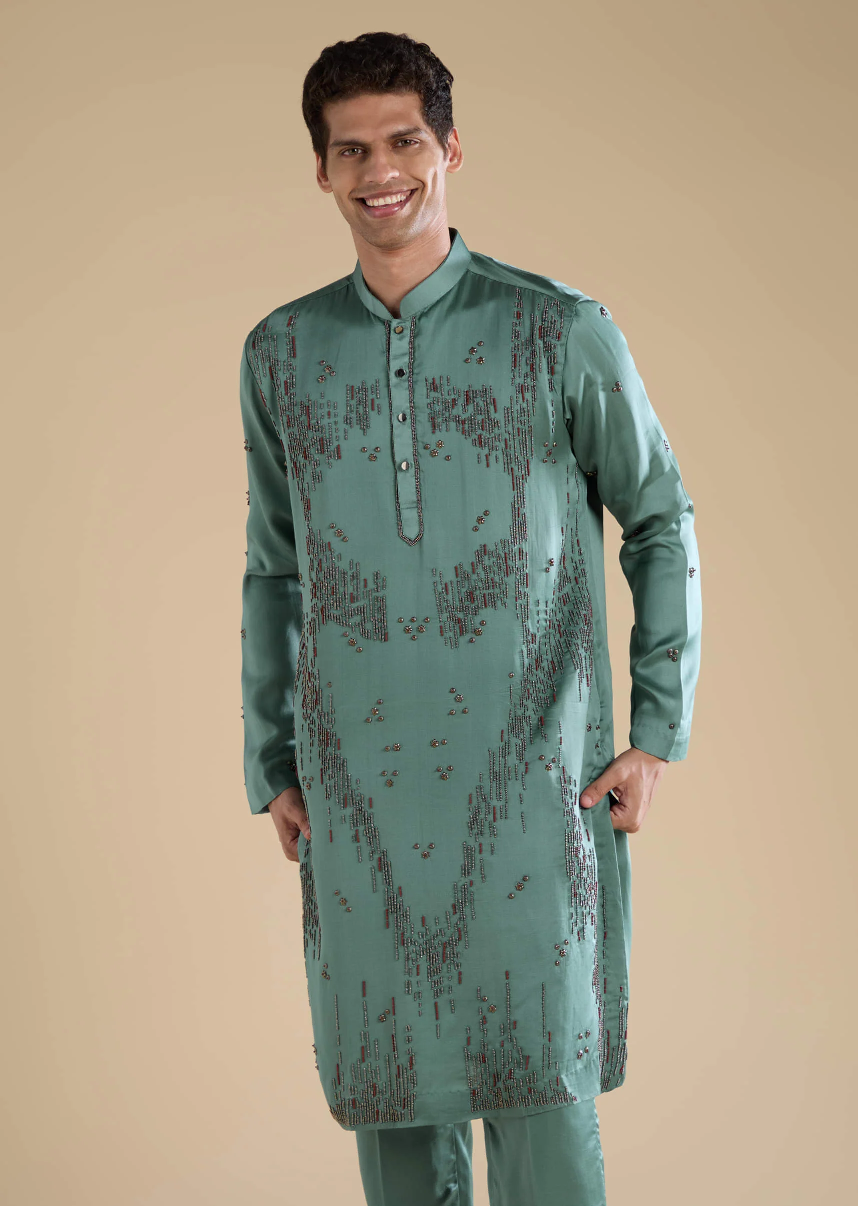 Green Linen Mens Kurta Set with Dupatta - Image 6