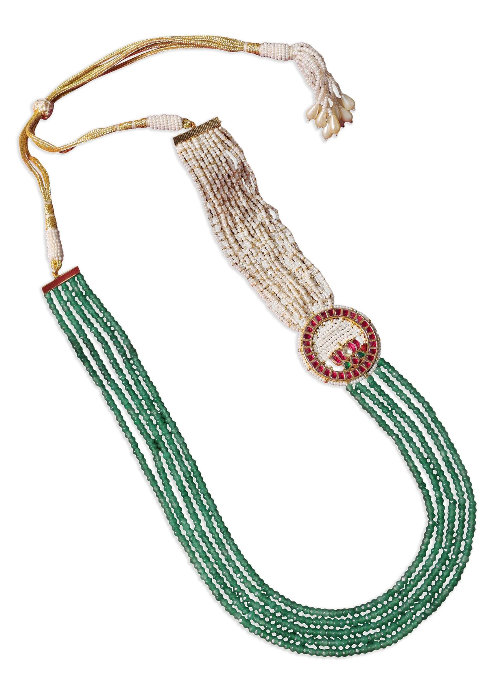 Green Long Mala In Mix Metal With Pearls And Meenakari Motif - Image 2