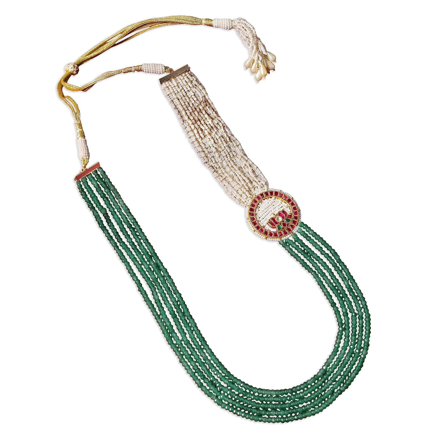 Green Long Mala In Mix Metal With Pearls And Meenakari Motif - Image 3