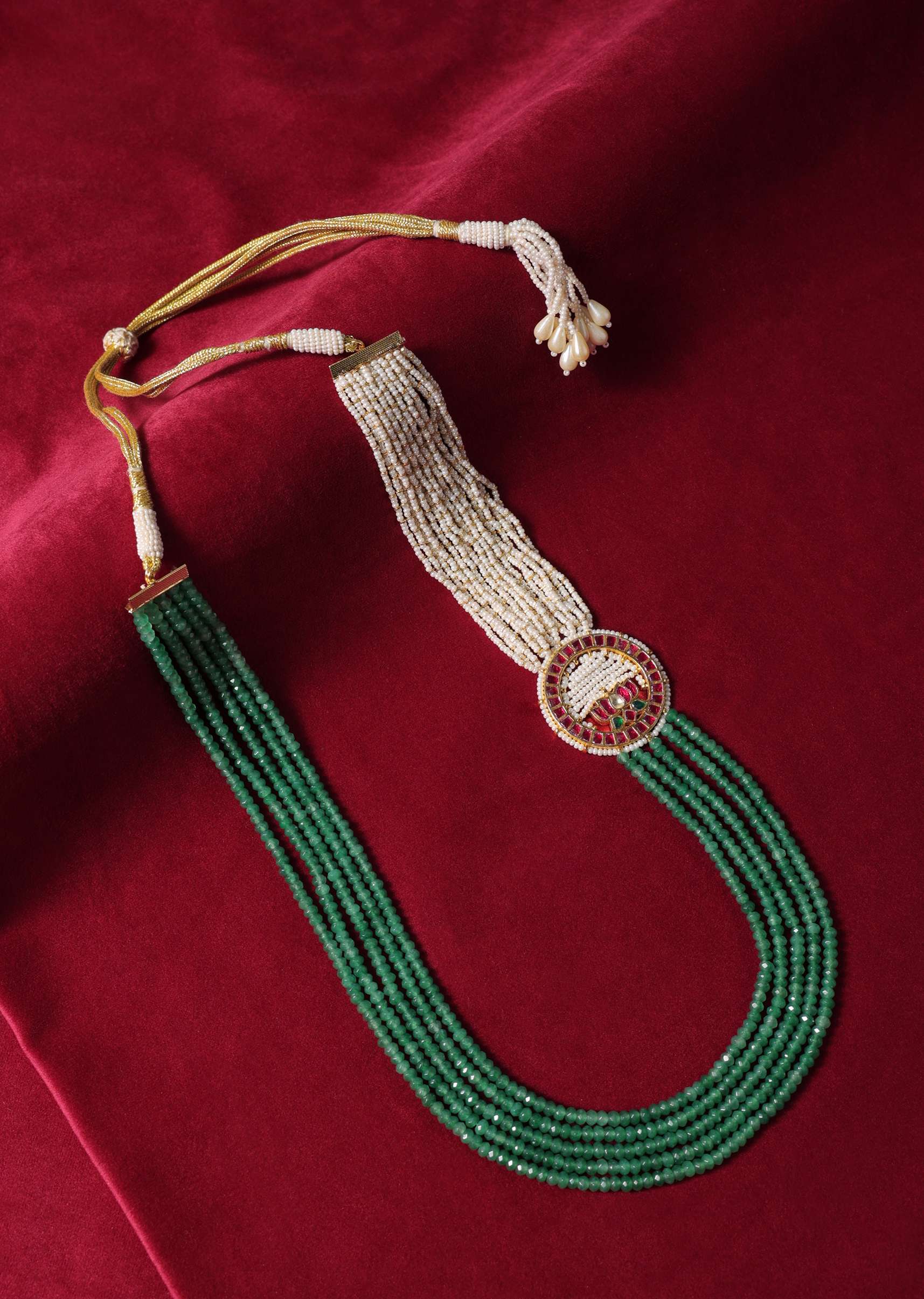 Green Long Mala In Mix Metal With Pearls And Meenakari Motif - Image 4