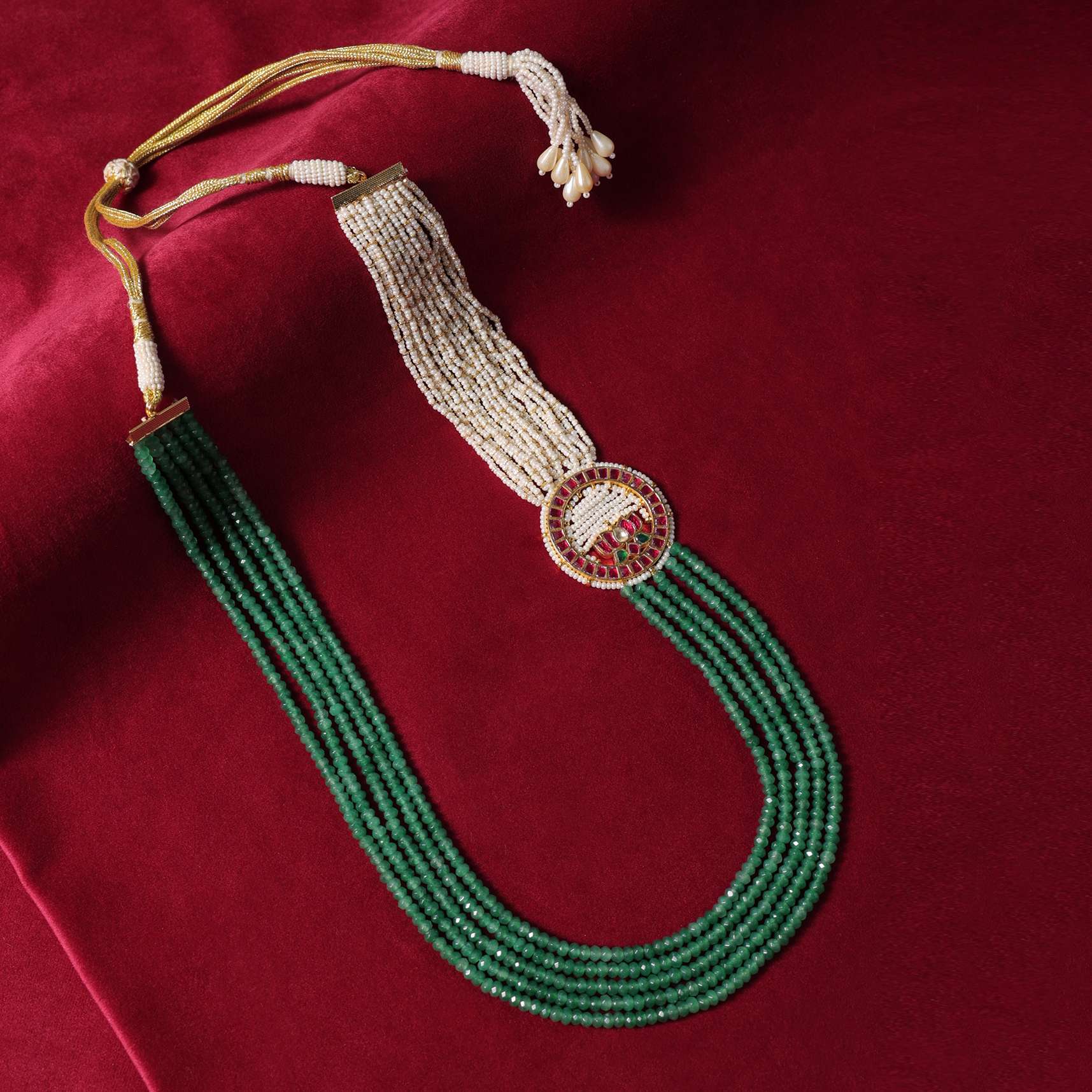 Green Long Mala In Mix Metal With Pearls And Meenakari Motif - Image 5