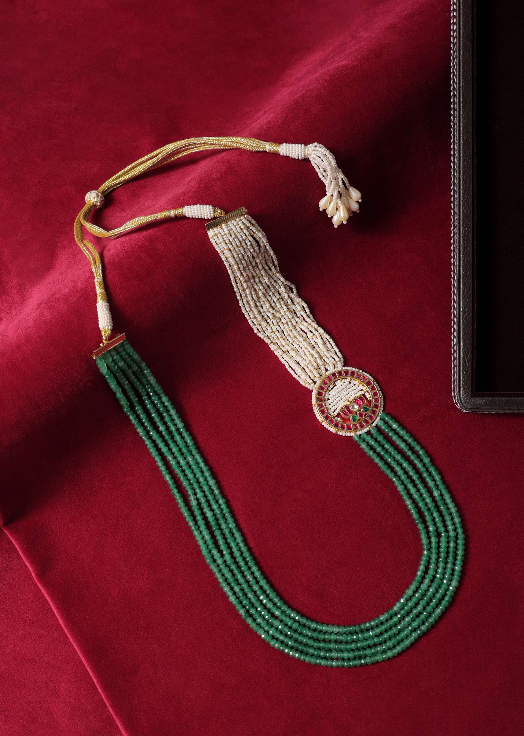 Green Long Mala In Mix Metal With Pearls And Meenakari Motif - Image 6