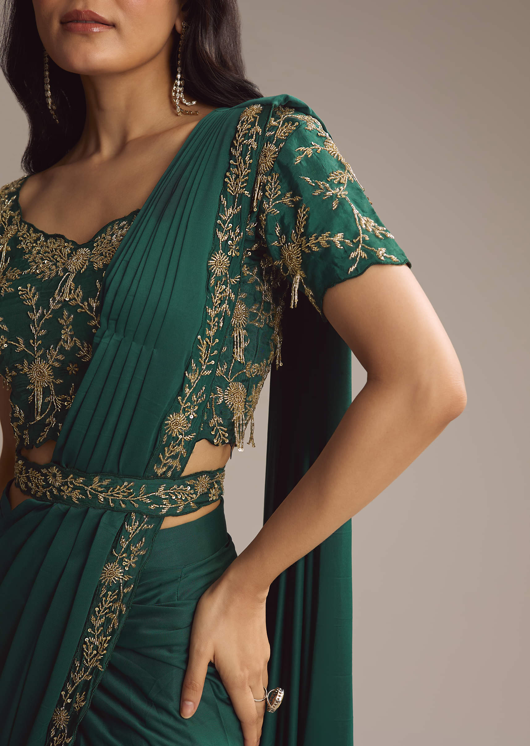 Green Lycra Ready Pleated Saree With Cutdana Work - Image 2