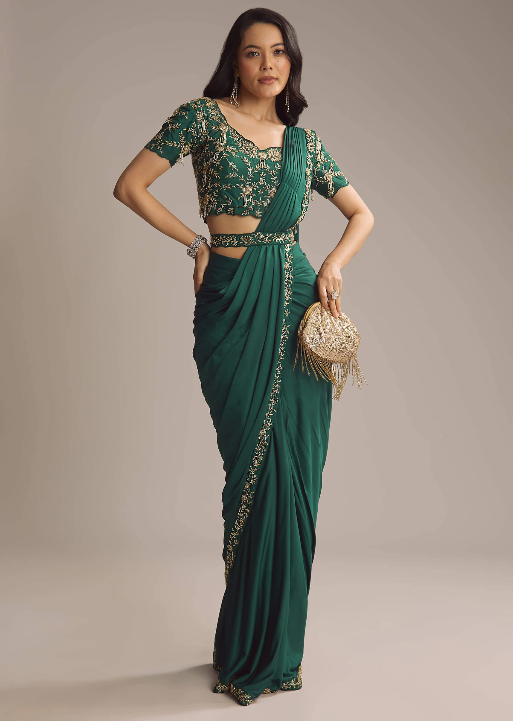Green Lycra Ready Pleated Saree With Cutdana Work - Image 3