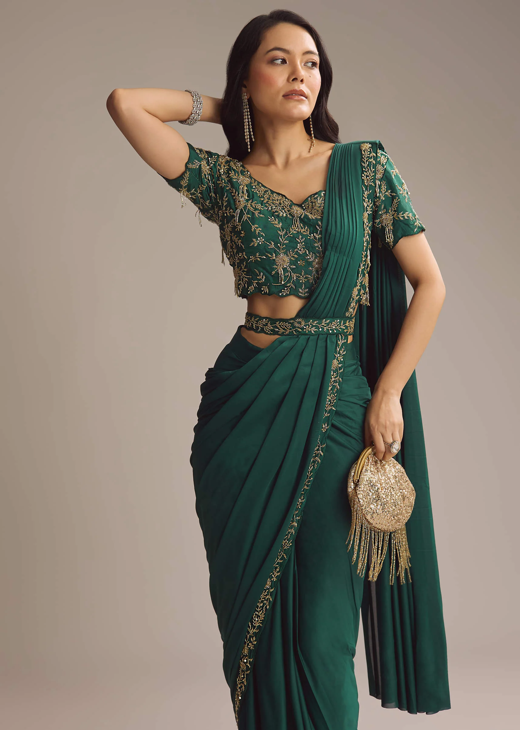 Green Lycra Ready Pleated Saree With Cutdana Work - Image 4
