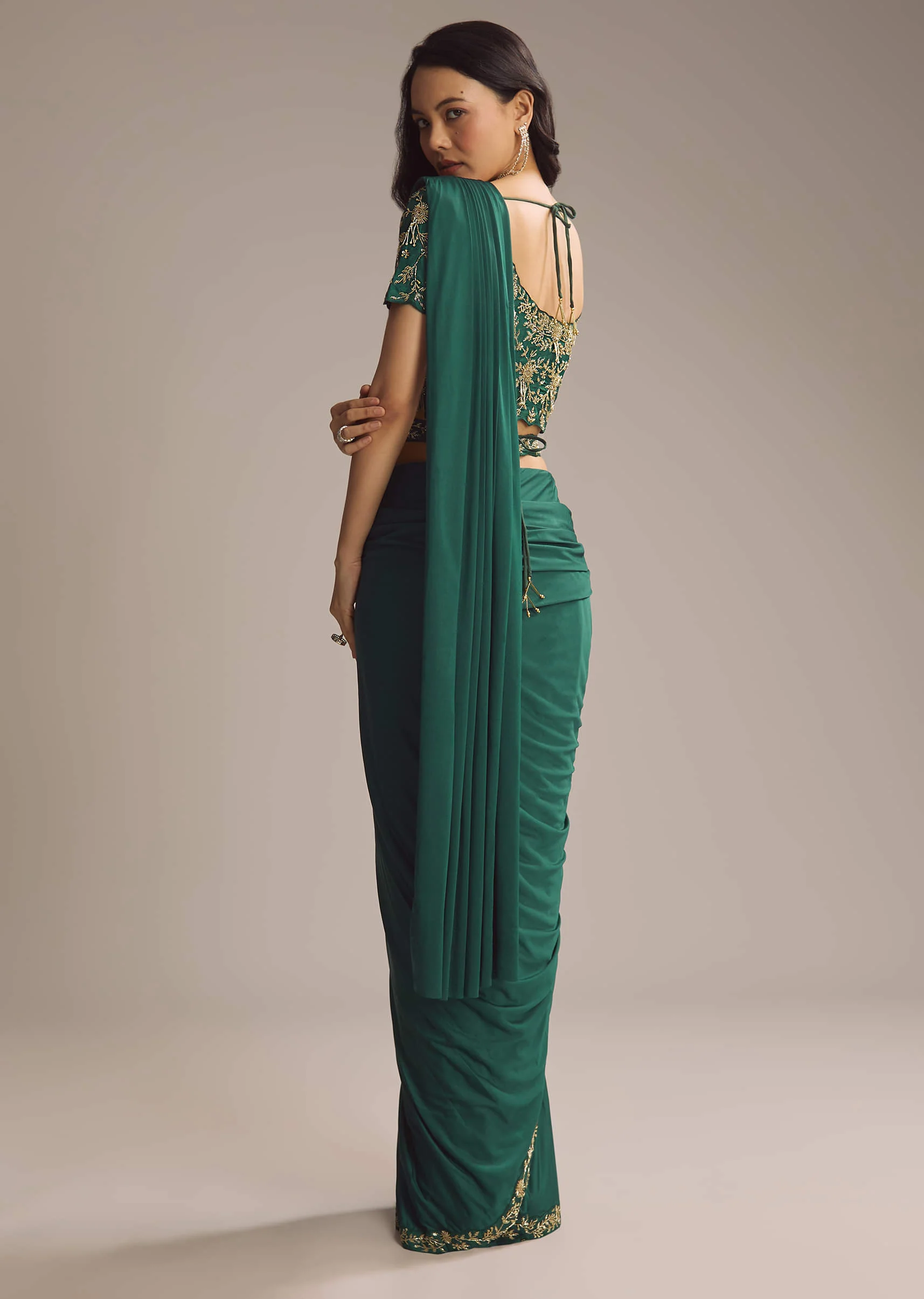 Green Lycra Ready Pleated Saree With Cutdana Work - Image 5
