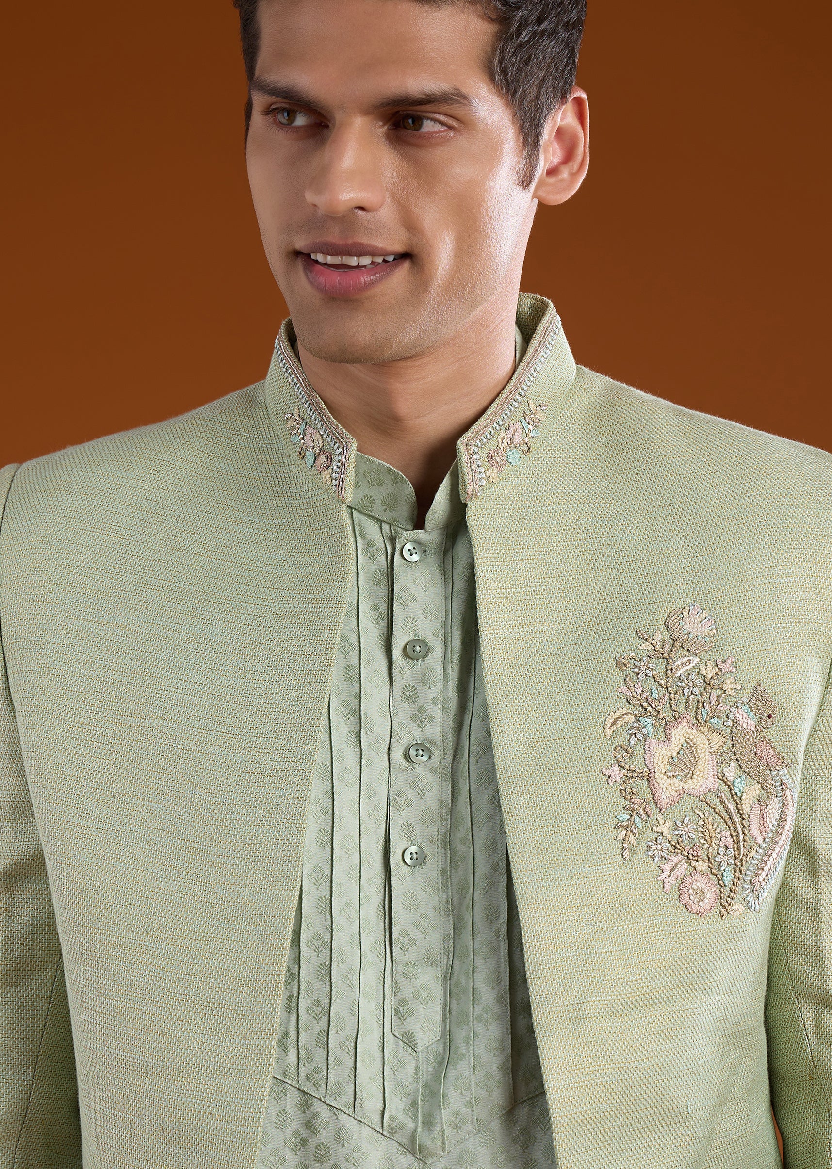 Green Matka silk and Embroidered Jodhpuri Kurta Sets - Image 3