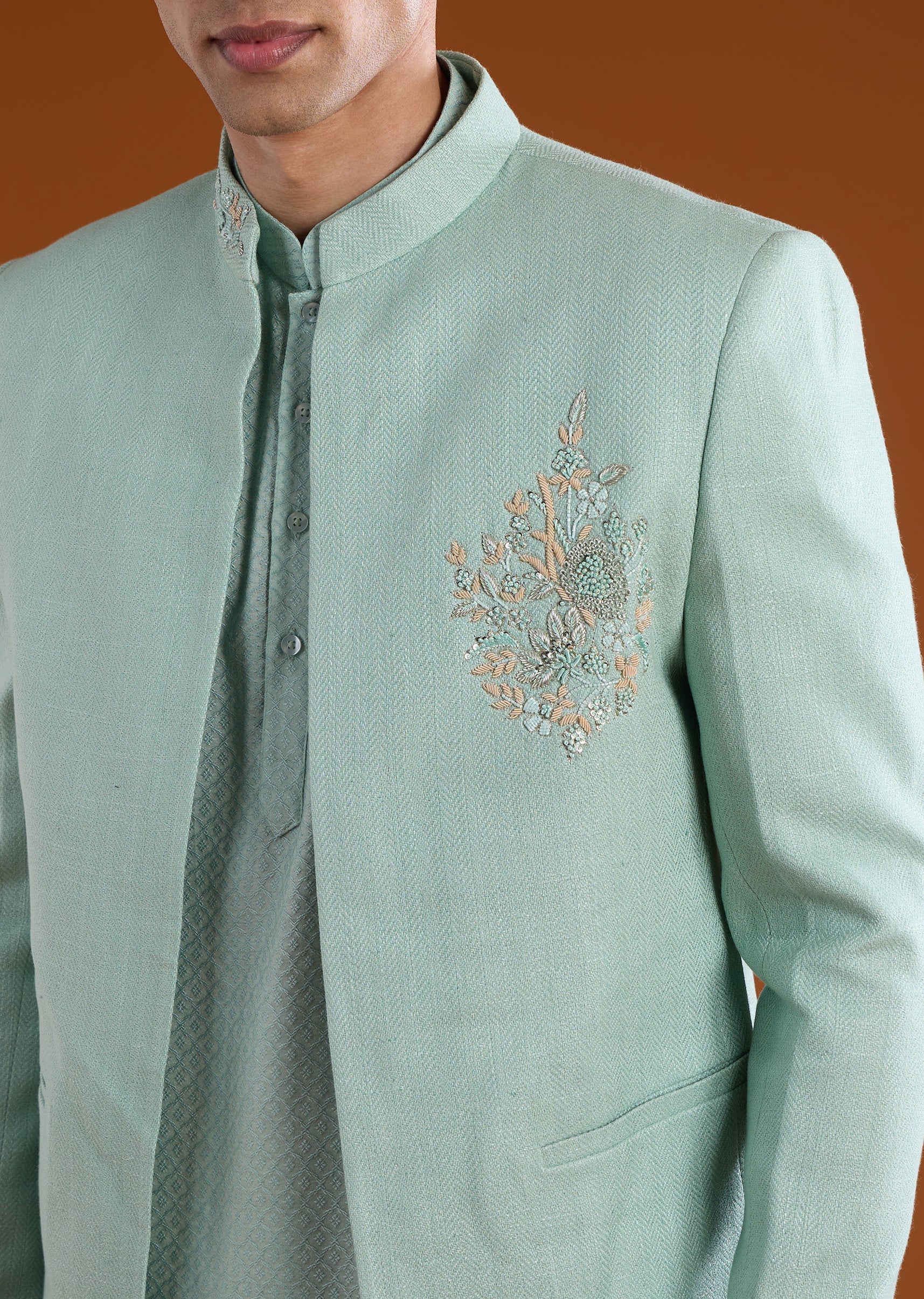 Green Matka Silk Embroidered Jodhpuri Kurta Set