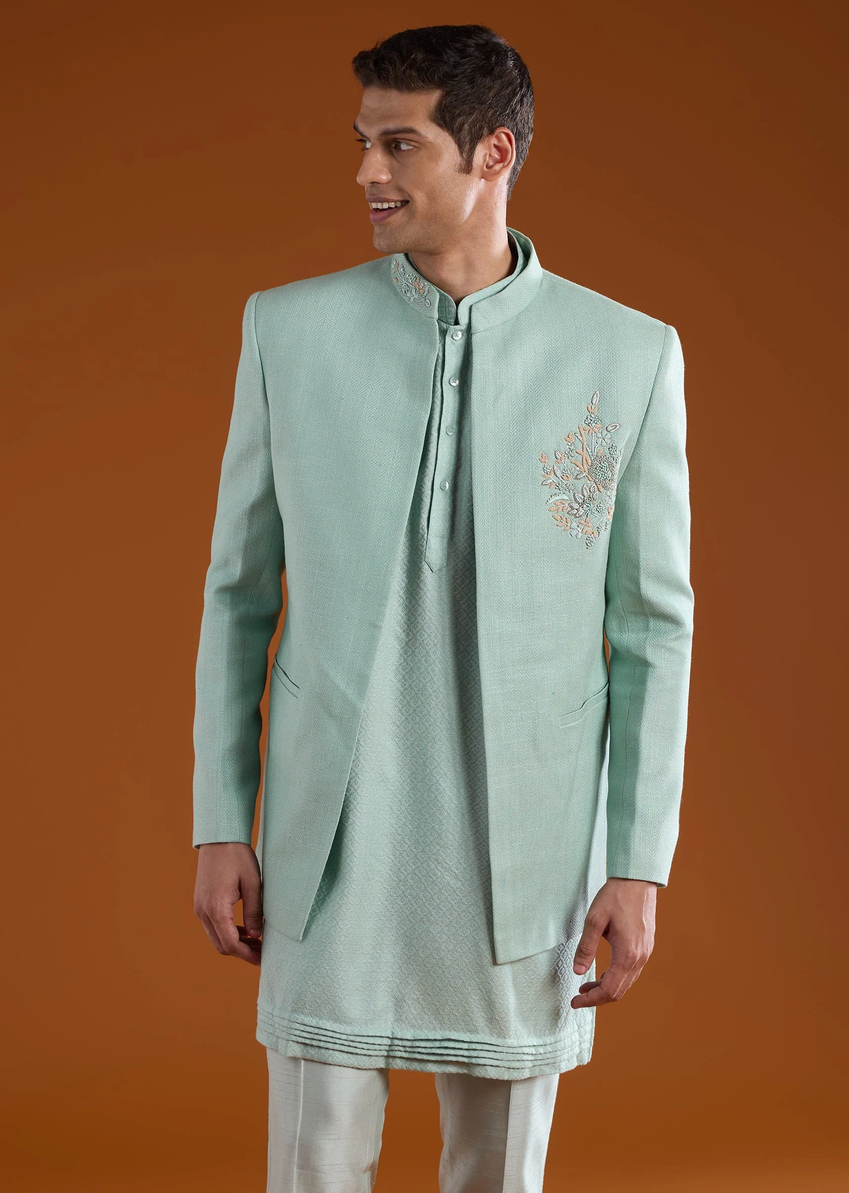 Green Matka Silk Embroidered Jodhpuri Kurta Set - Image 3