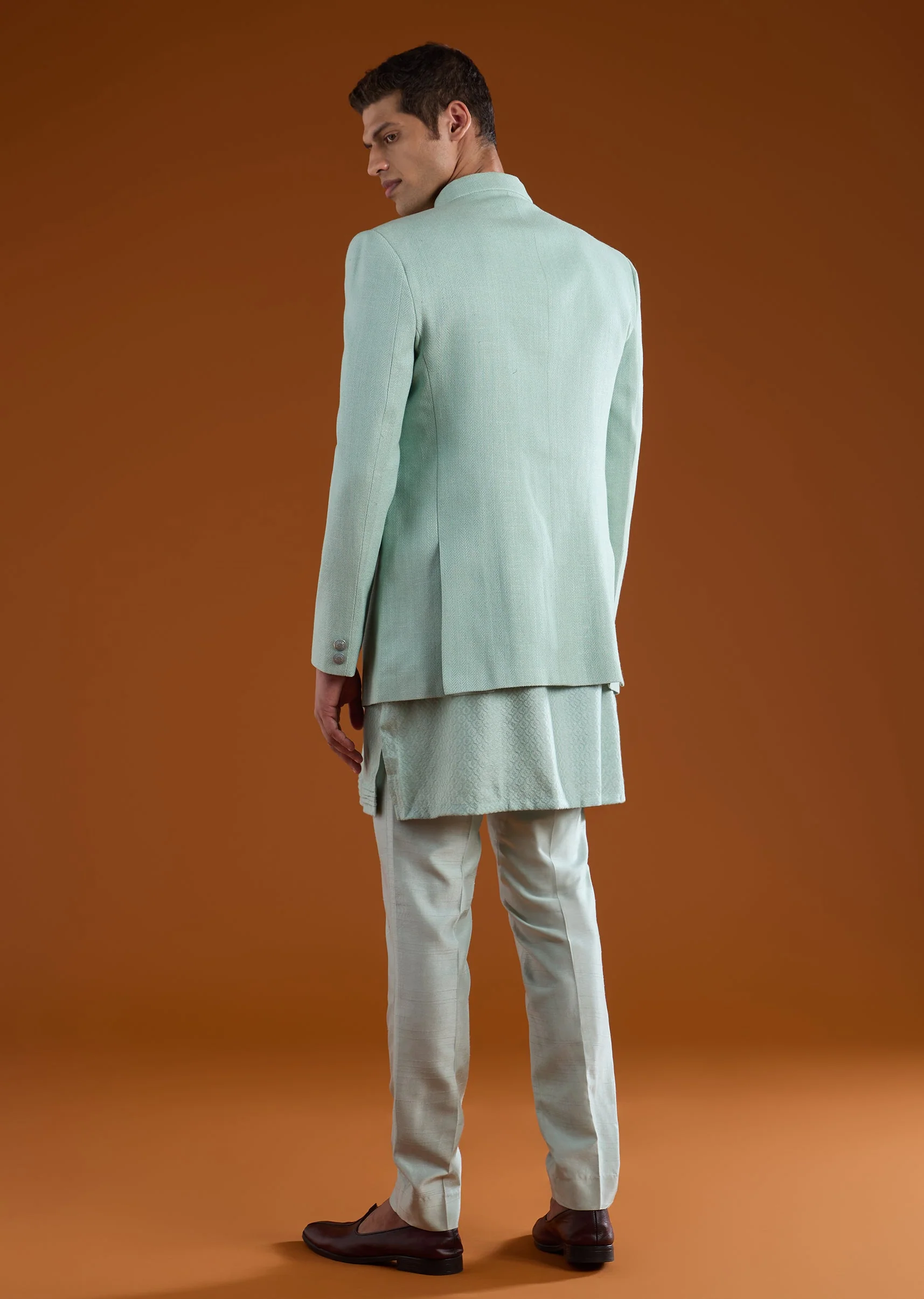 Green Matka Silk Embroidered Jodhpuri Kurta Set - Image 5