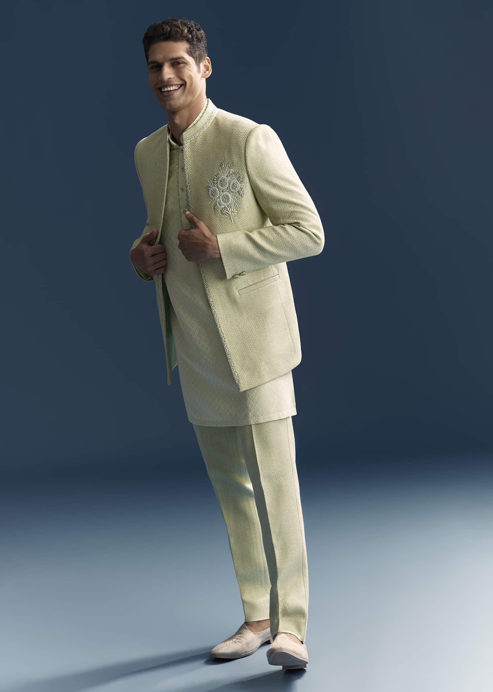 Green Matka Silk Jodhpuri Suit For Men With Hand Embroidery - Image 3