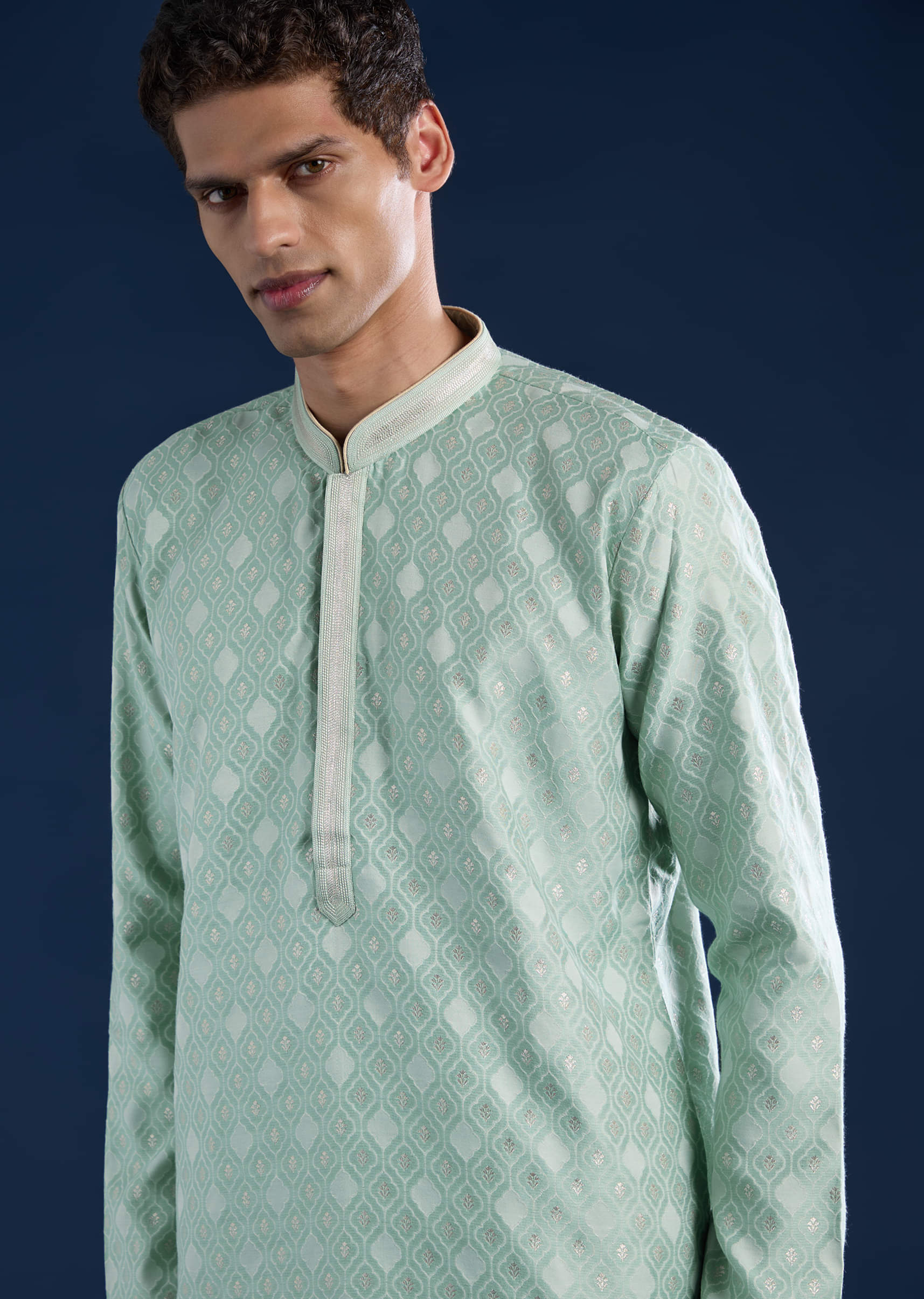 Green Mens Jacquard Self Work Kurta Set - Image 2