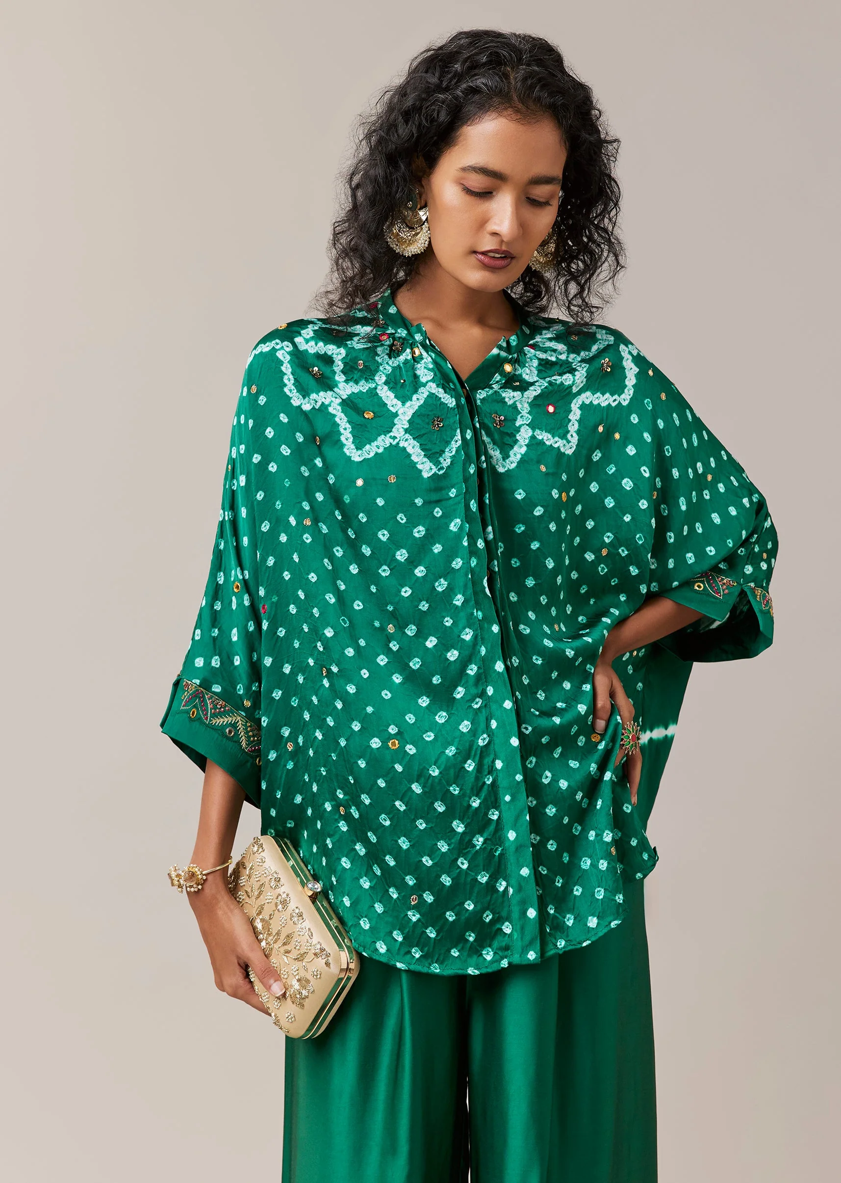 Green Mirror Work Hand Dyed Bandhani and Leheriya Pant Set - Image 4