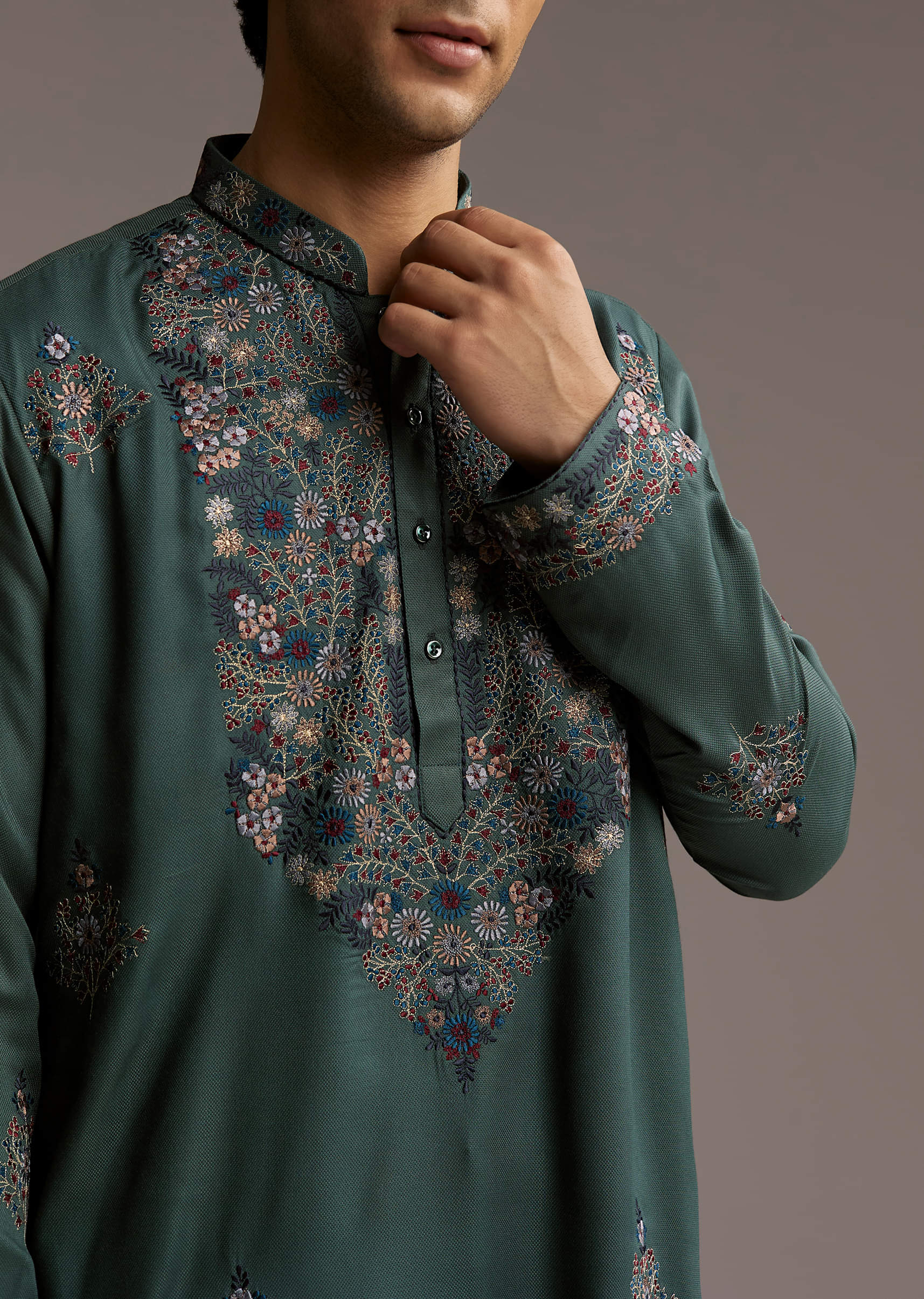 Green Modal Kurta Set For Men With Hand Embroidery - Image 2