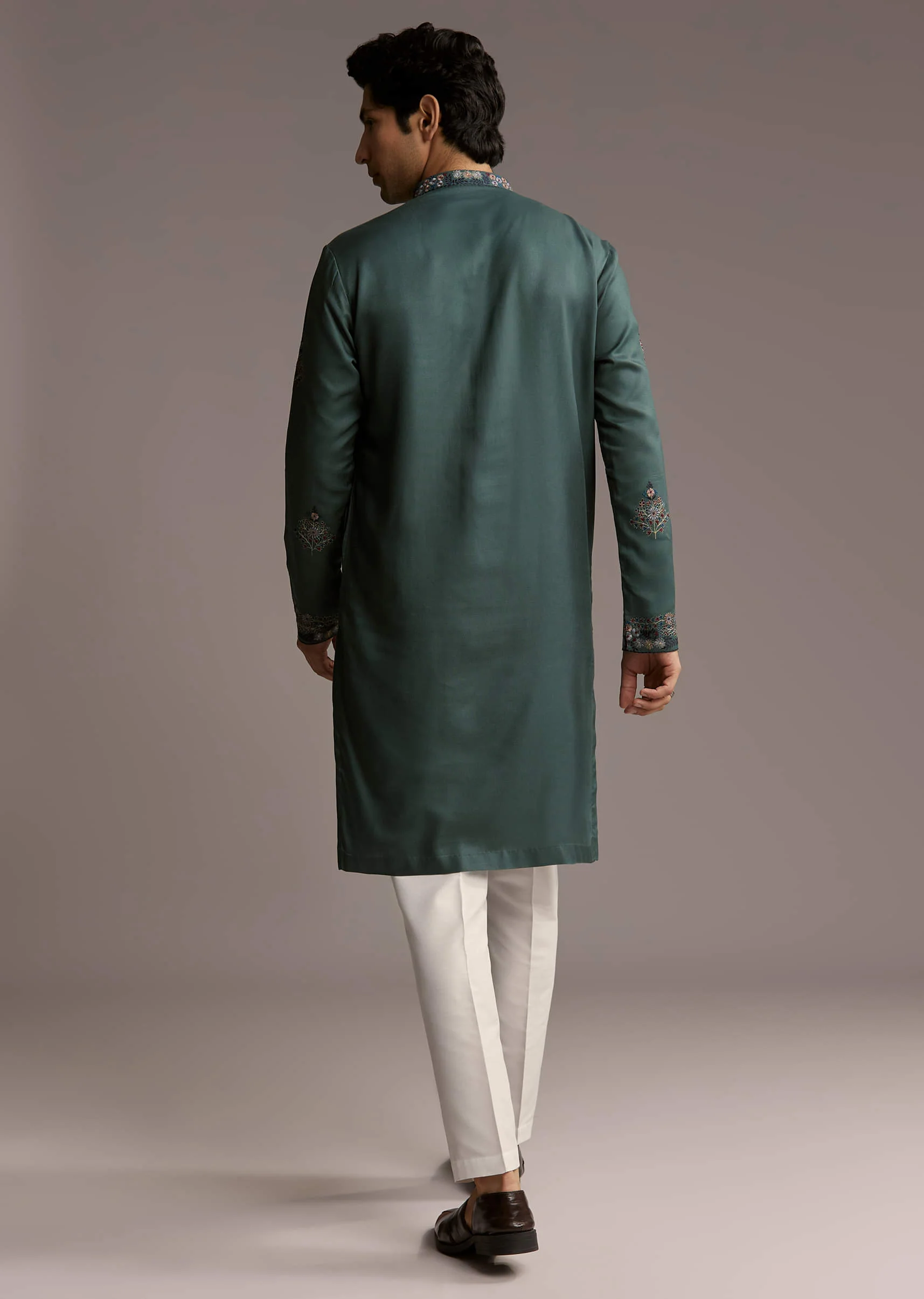Green Modal Kurta Set For Men With Hand Embroidery - Image 5