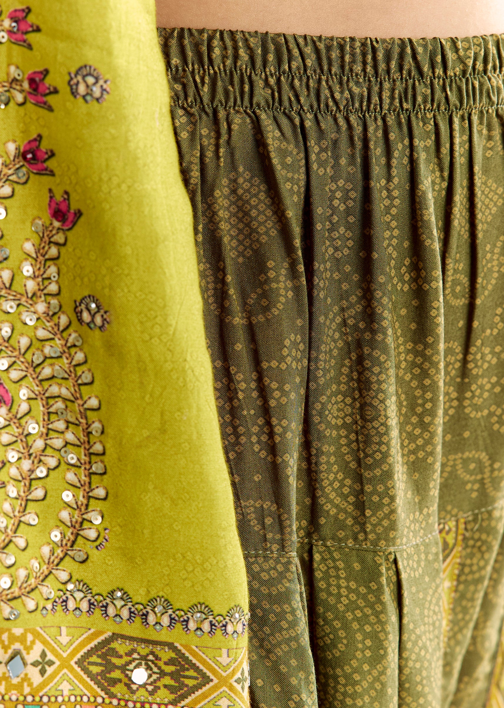 Green Muslin Floral And Bandhani Printed Asymmetrical Cut Kurta Dhoti - Image 6