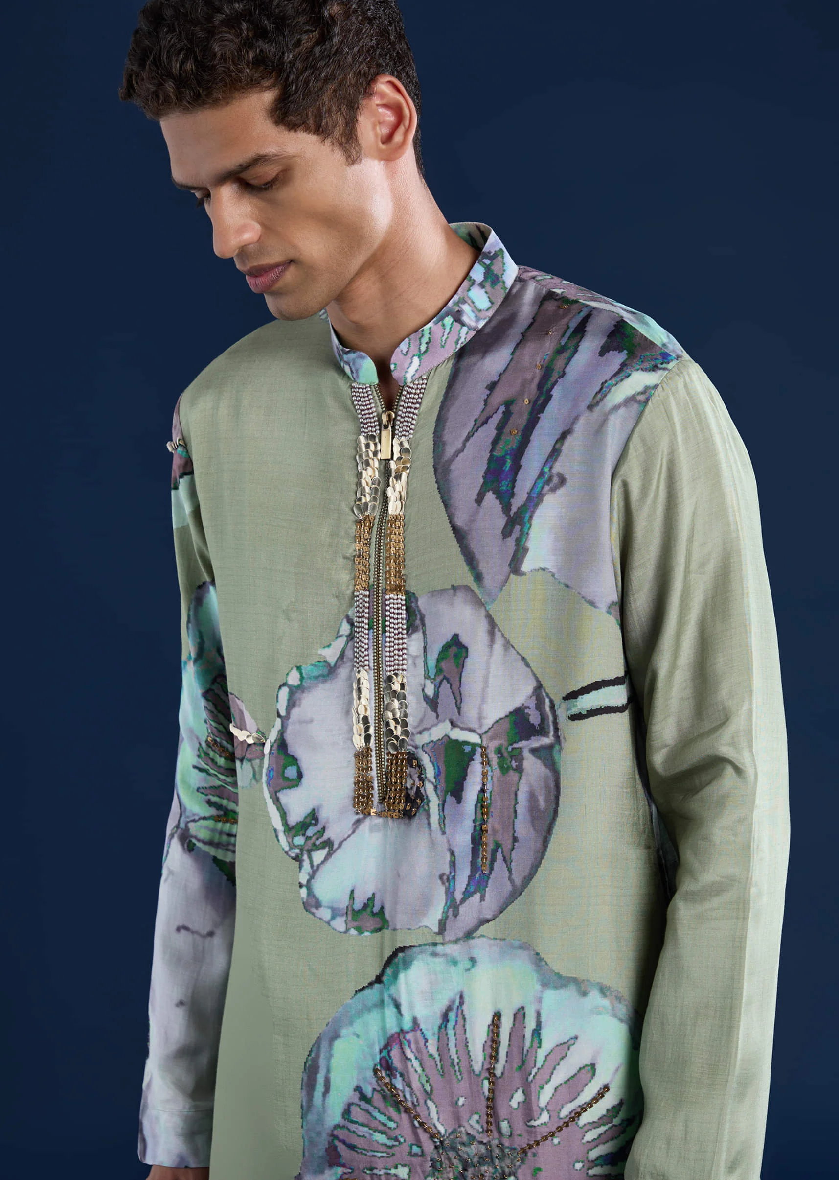 Green Muslin Sequin Work Mens Kurta and Pant Set - Image 2
