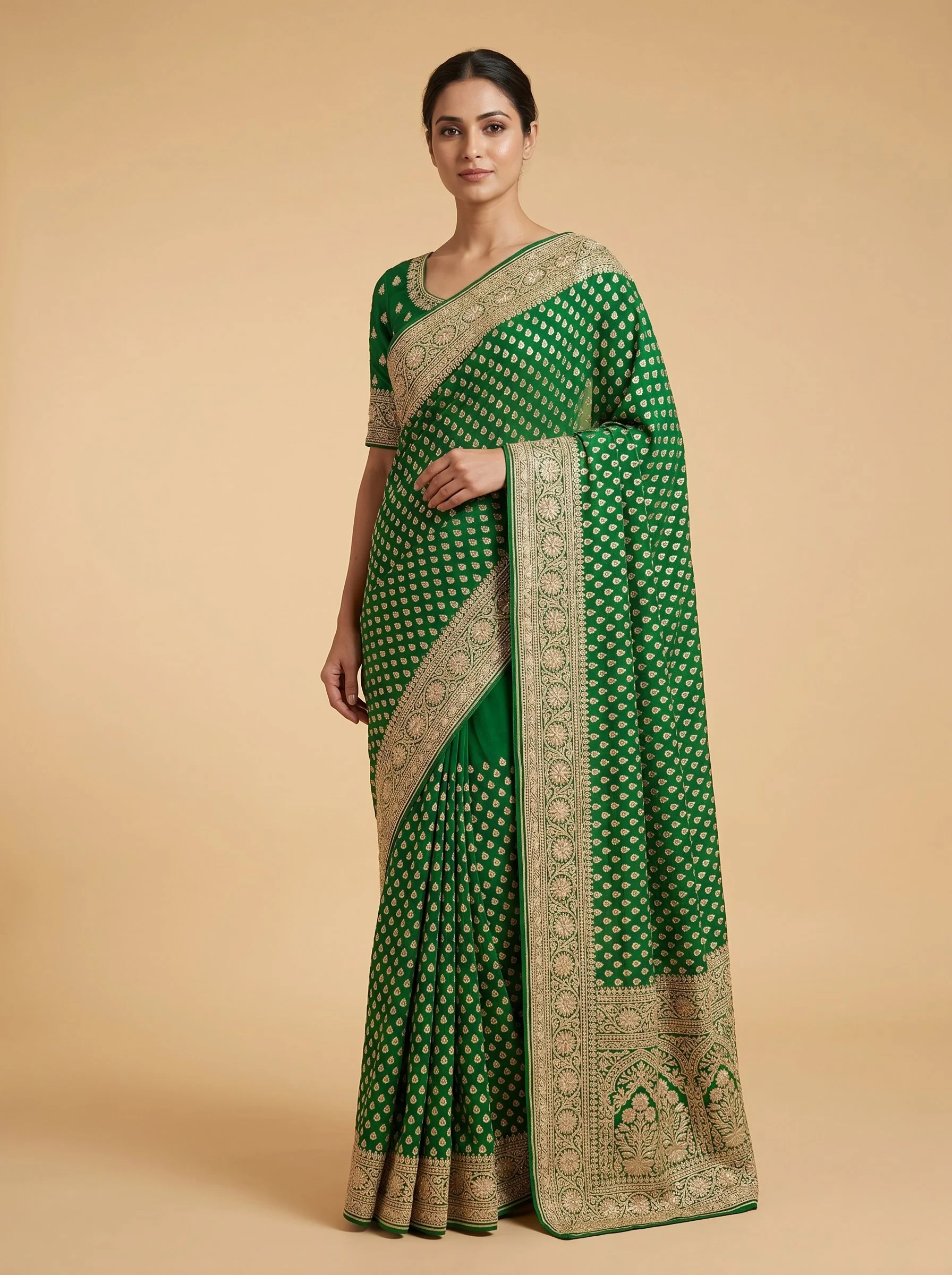 Green Natural Craft Embroidered Saree