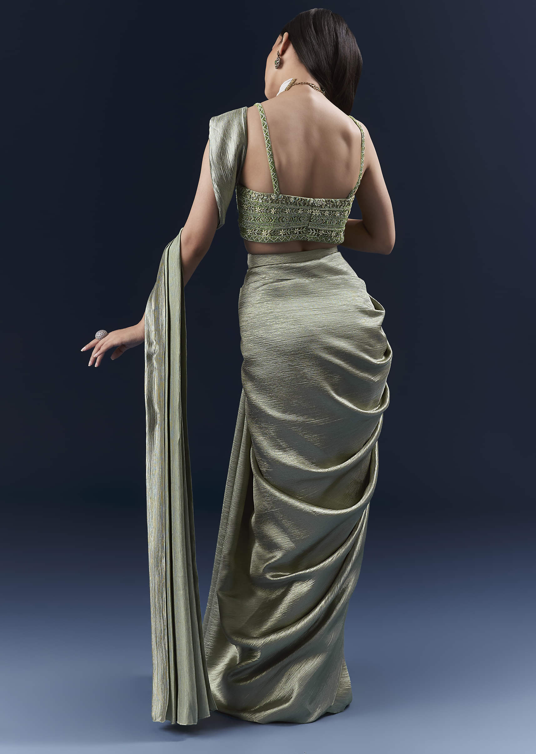 Green Net Ready Pleated Saree With Embroidery - Image 2