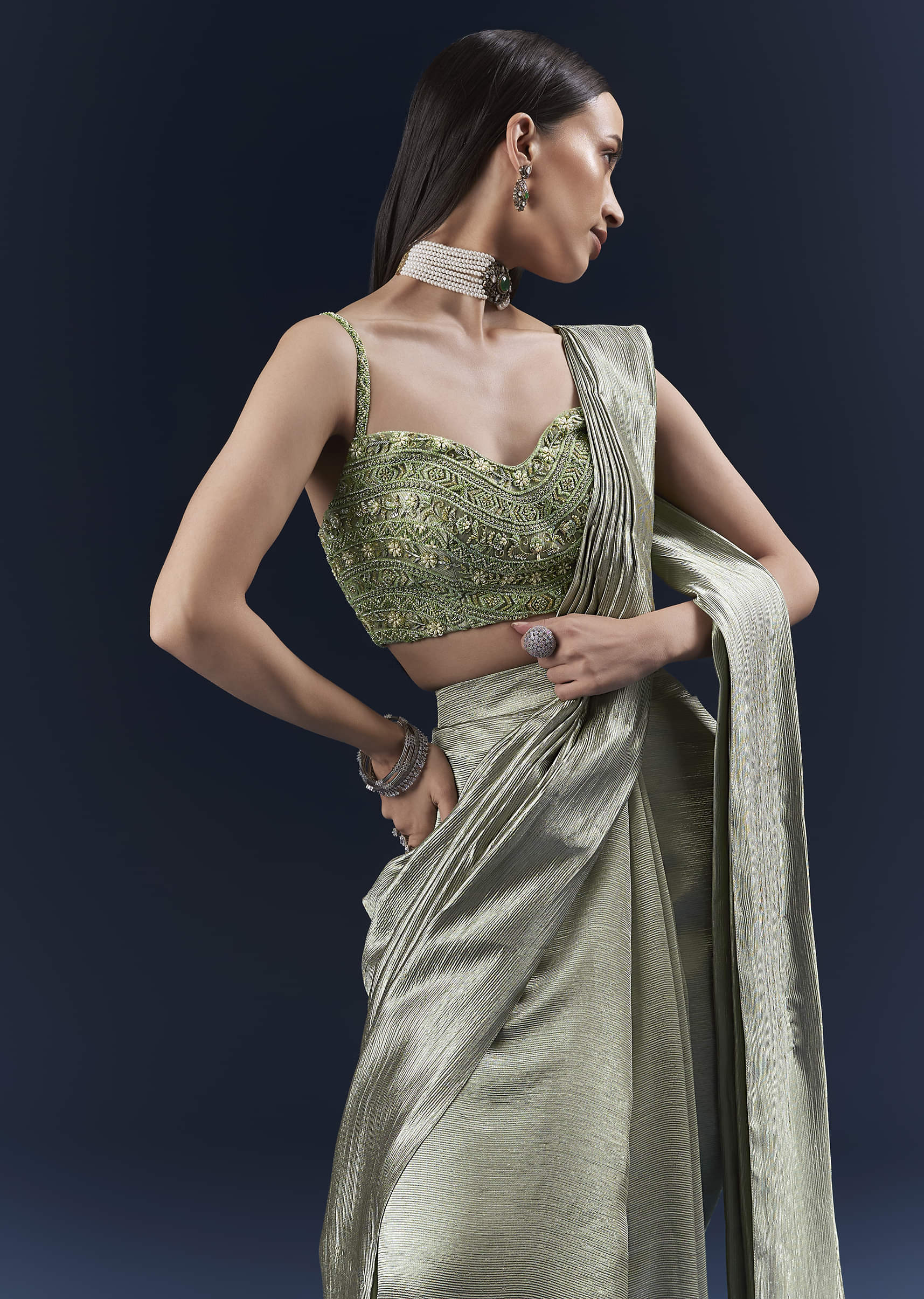 Green Net Ready Pleated Saree With Embroidery - Image 3