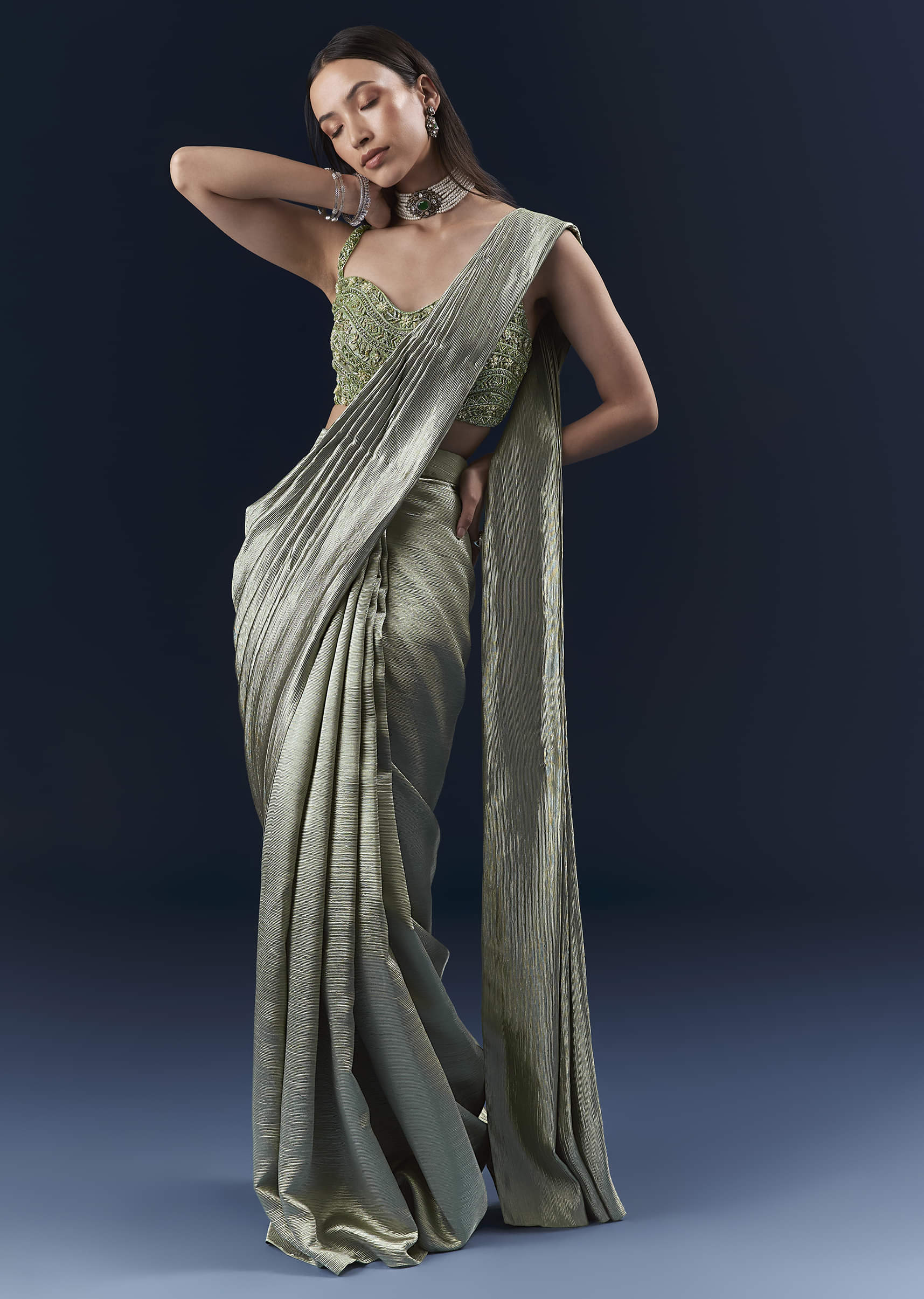 Green Net Ready Pleated Saree With Embroidery - Image 4