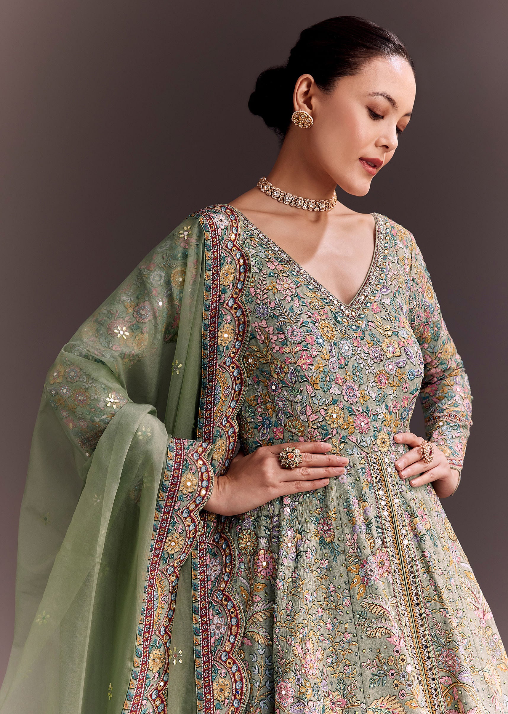 Green Ombre Embroidered Anarkali With Organza Dupatta - Image 2