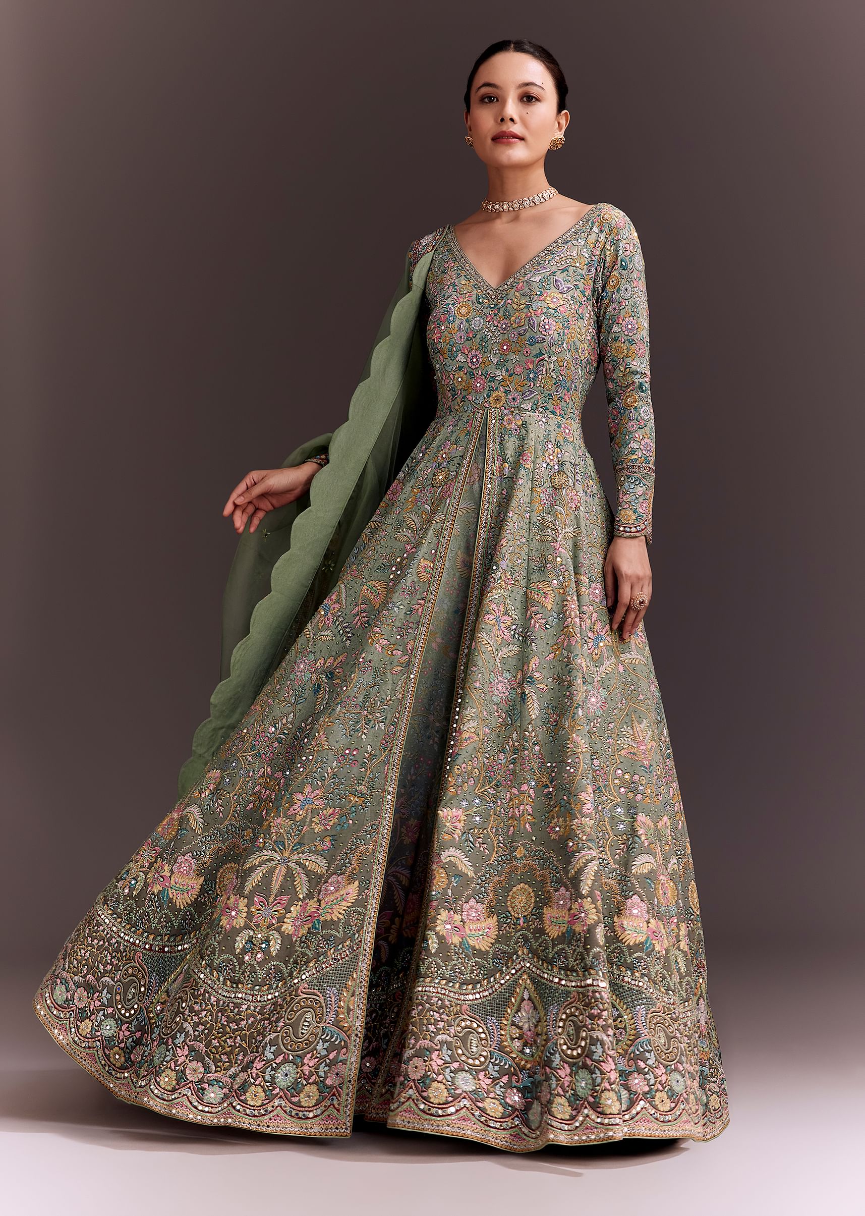 Green Ombre Embroidered Anarkali With Organza Dupatta - Image 3