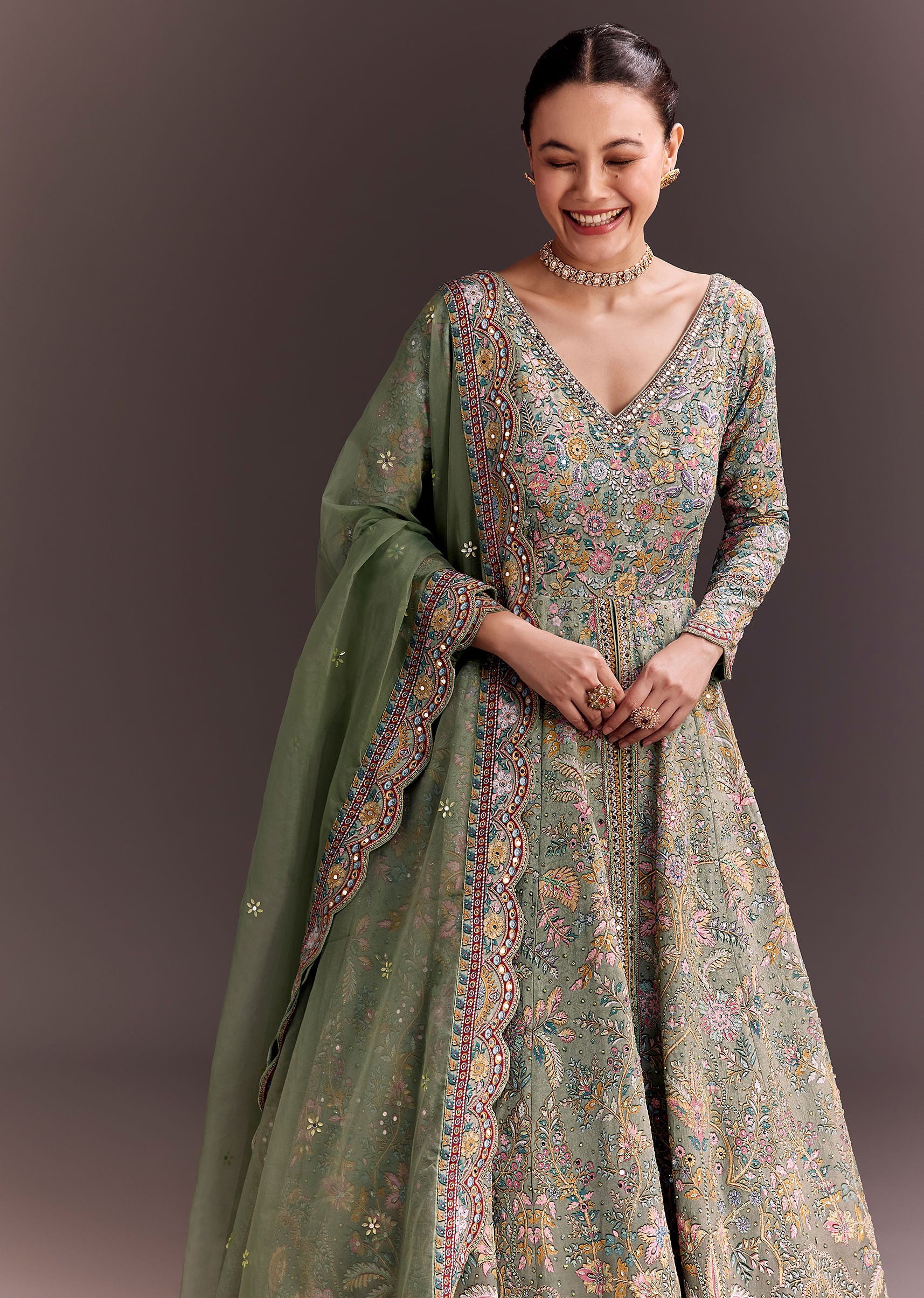 Green Ombre Embroidered Anarkali With Organza Dupatta - Image 4