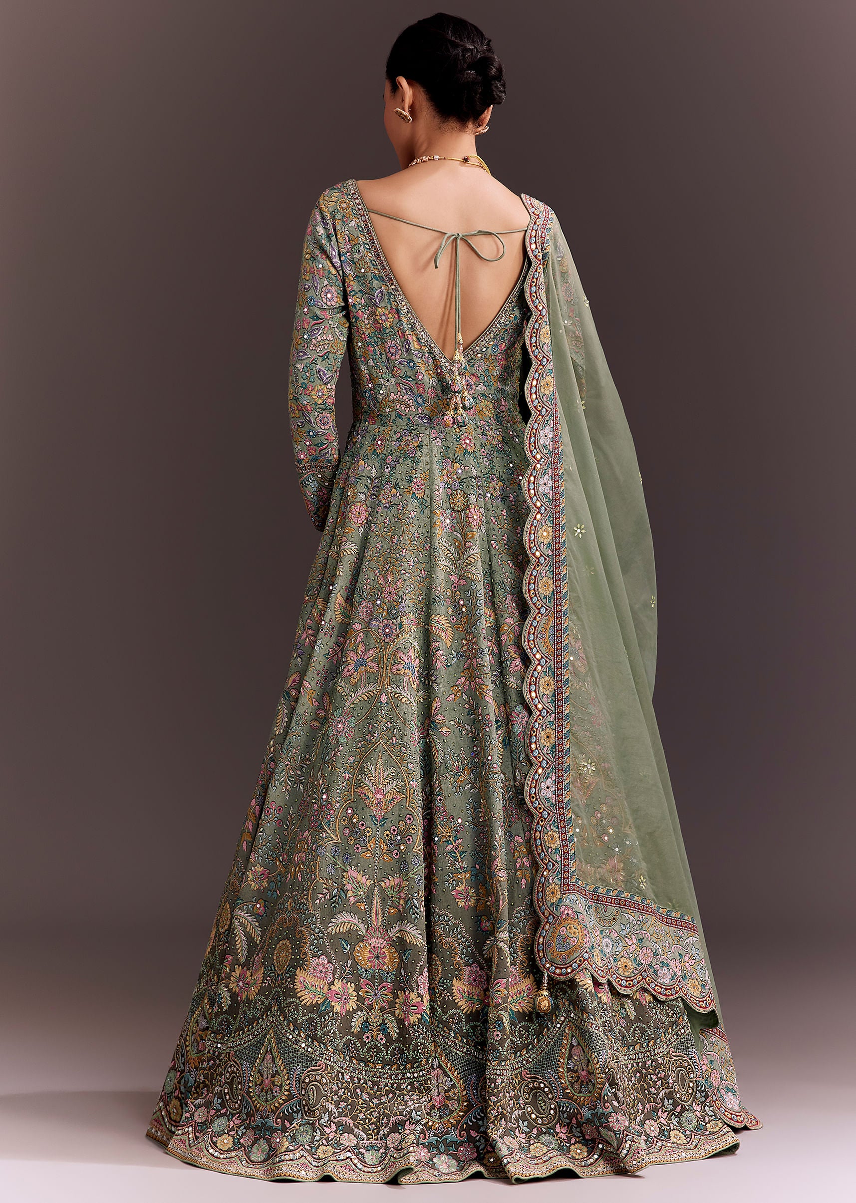 Green Ombre Embroidered Anarkali With Organza Dupatta - Image 5