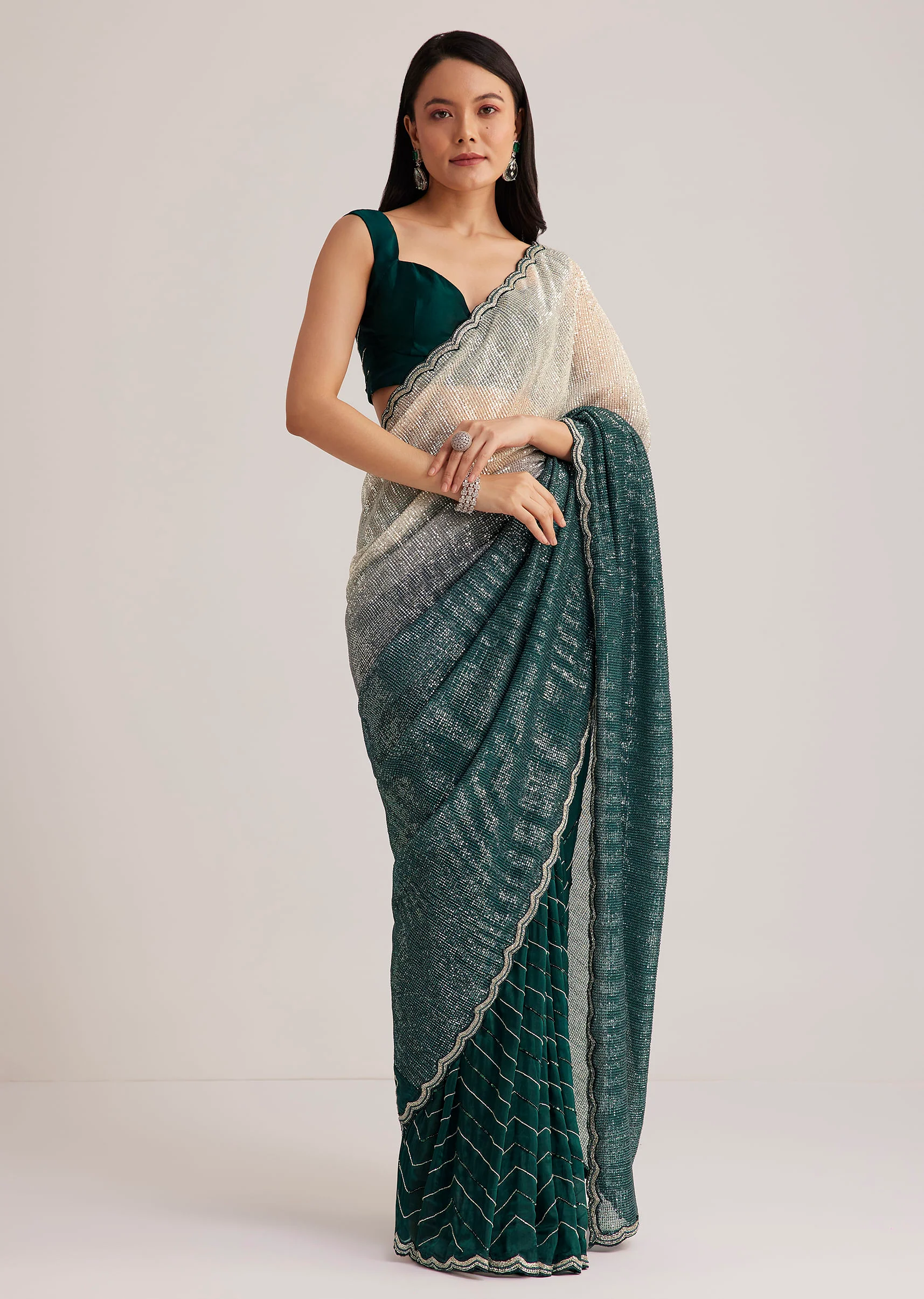 Green Ombre Saree With Sequins And Scallop Embroidery - Image 3