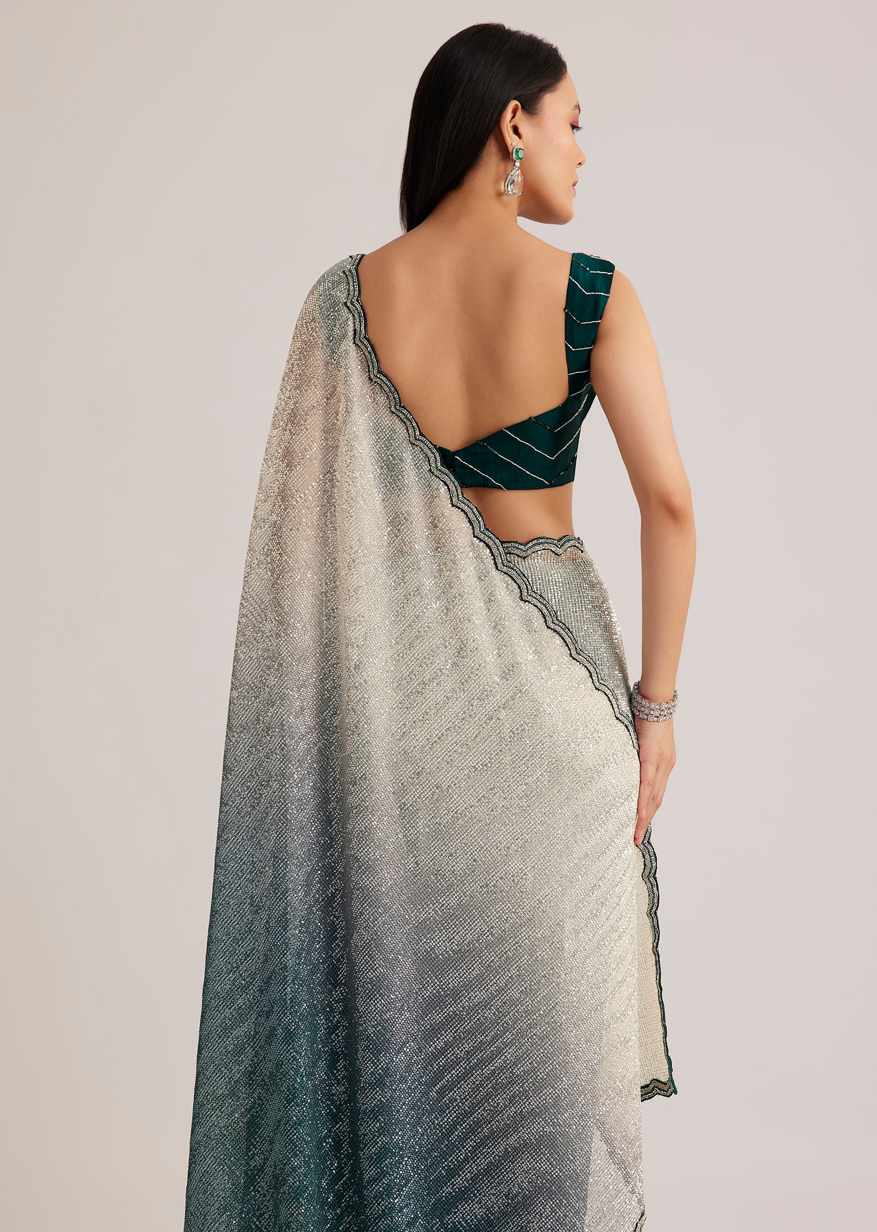 Green Ombre Saree With Sequins And Scallop Embroidery - Image 4