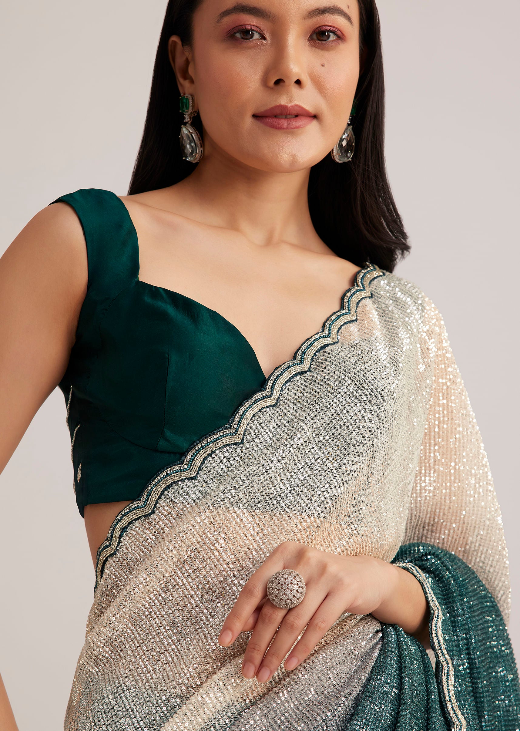 Green Ombre Saree With Sequins And Scallop Embroidery - Image 5