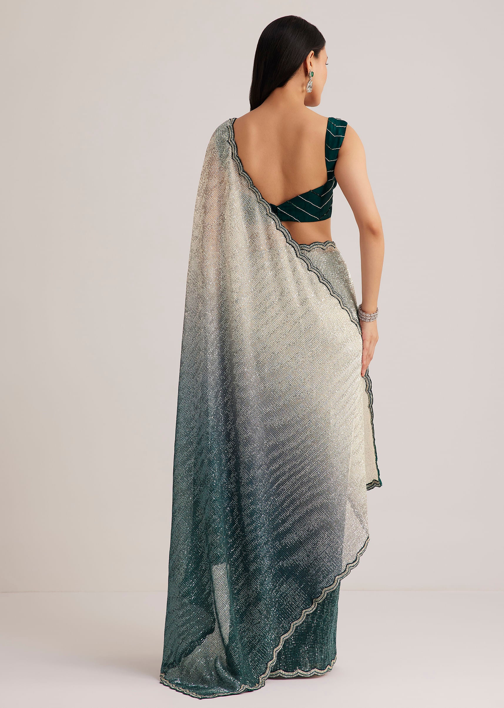Green Ombre Saree With Sequins And Scallop Embroidery - Image 6