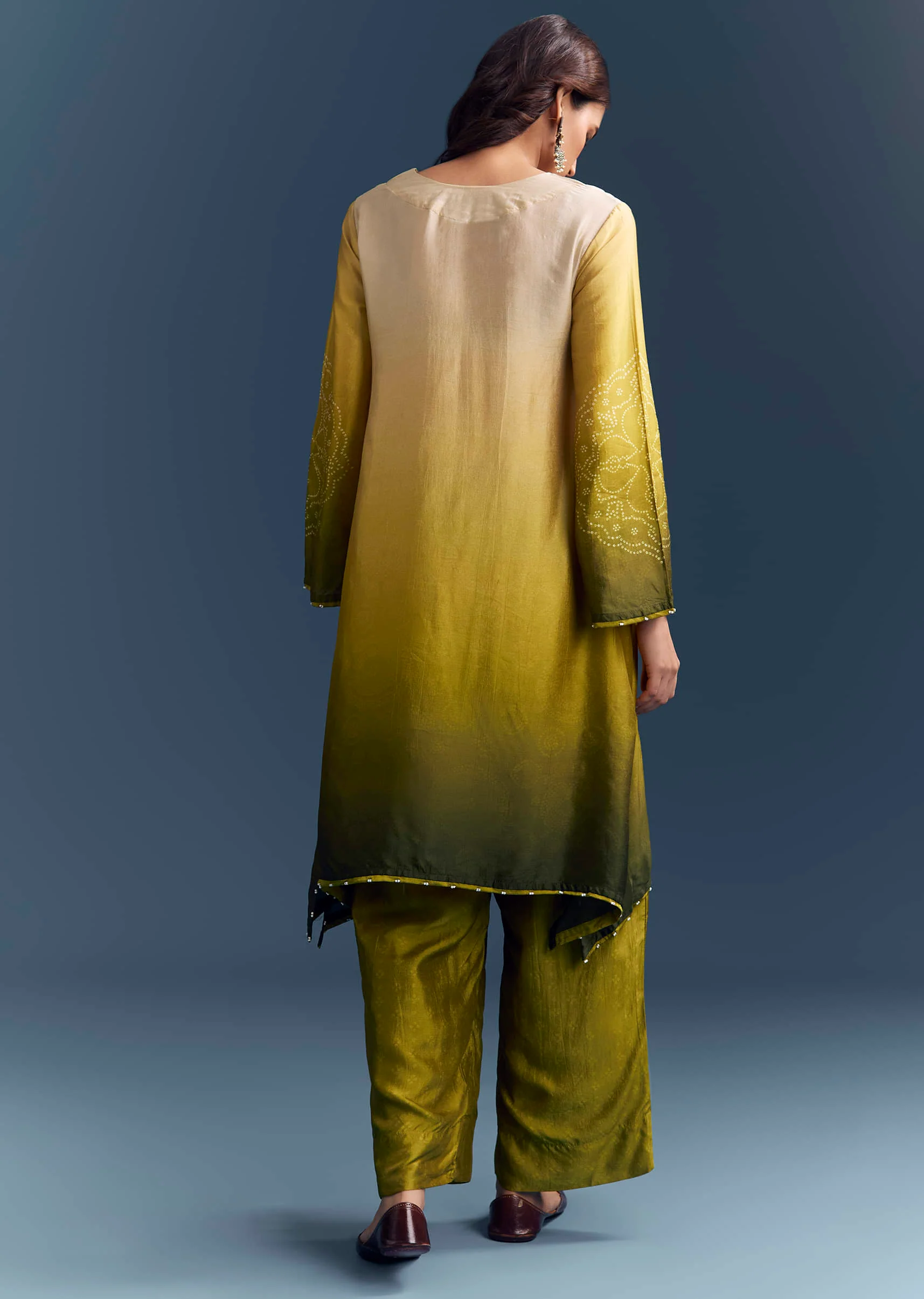 Green Ombre Satin Bandhani Co Ord Set With Moti Work - Image 5