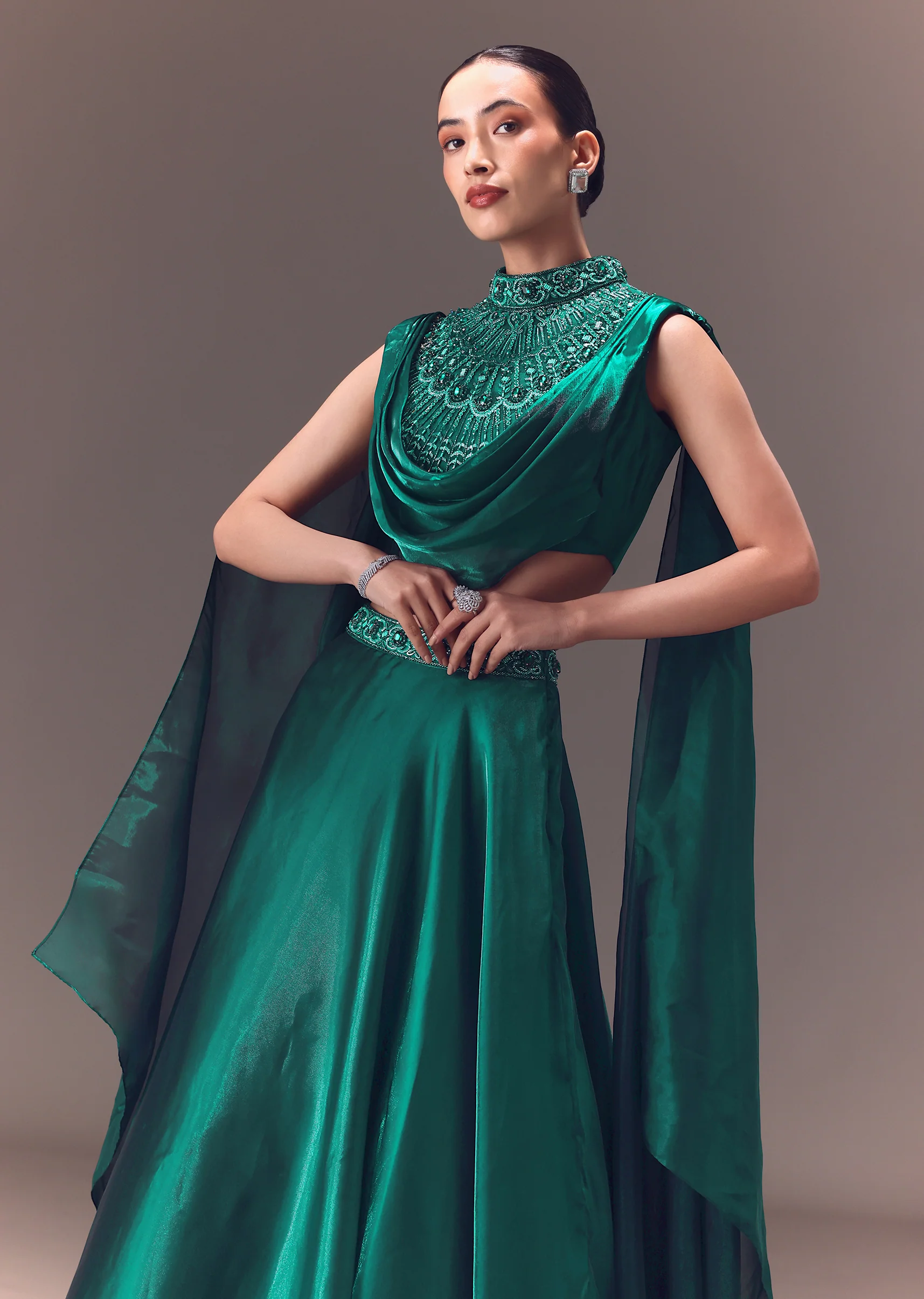 Green Organza Cowl Blouse And Lehenga Set - Image 2