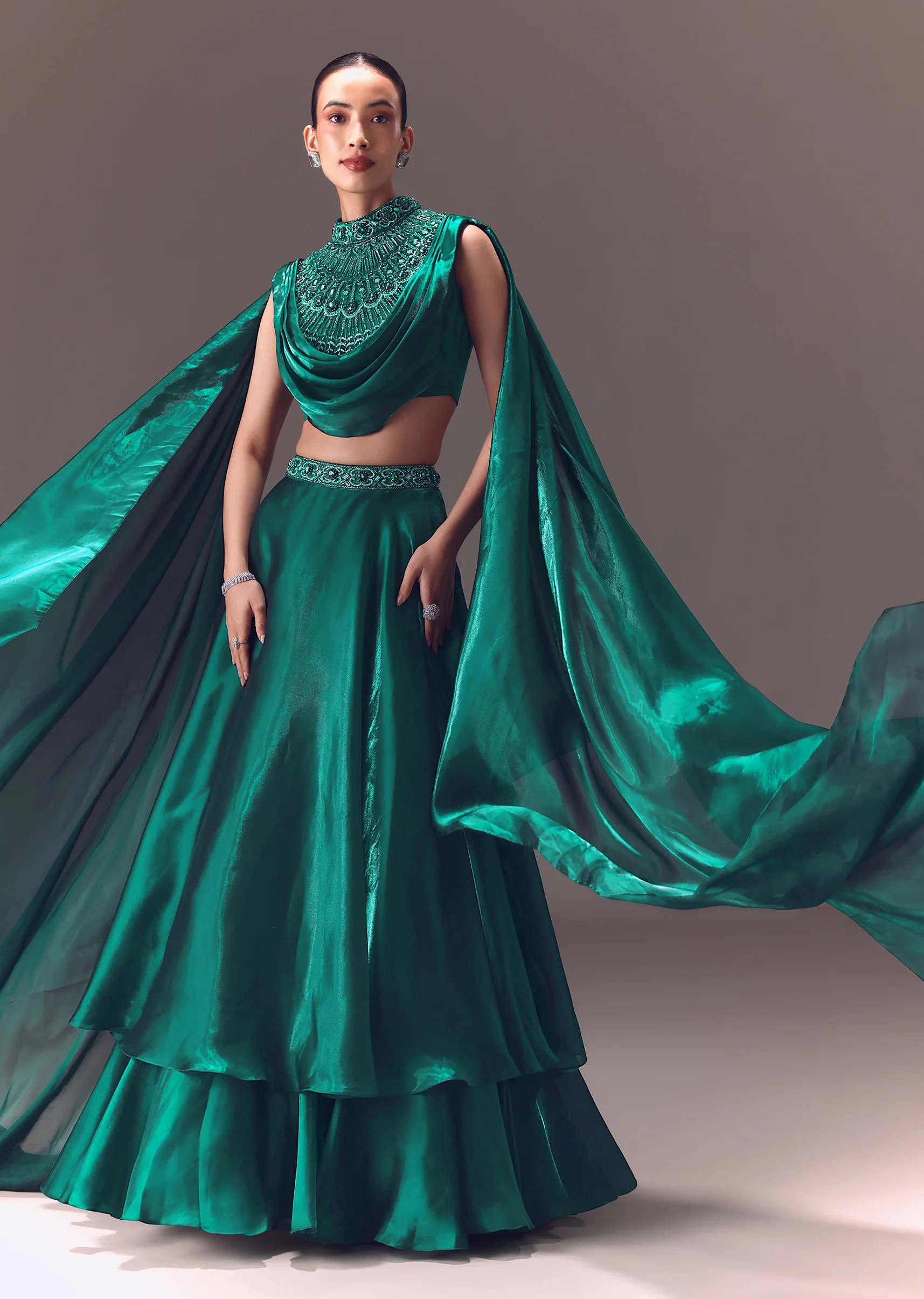 Green Organza Cowl Blouse And Lehenga Set - Image 3