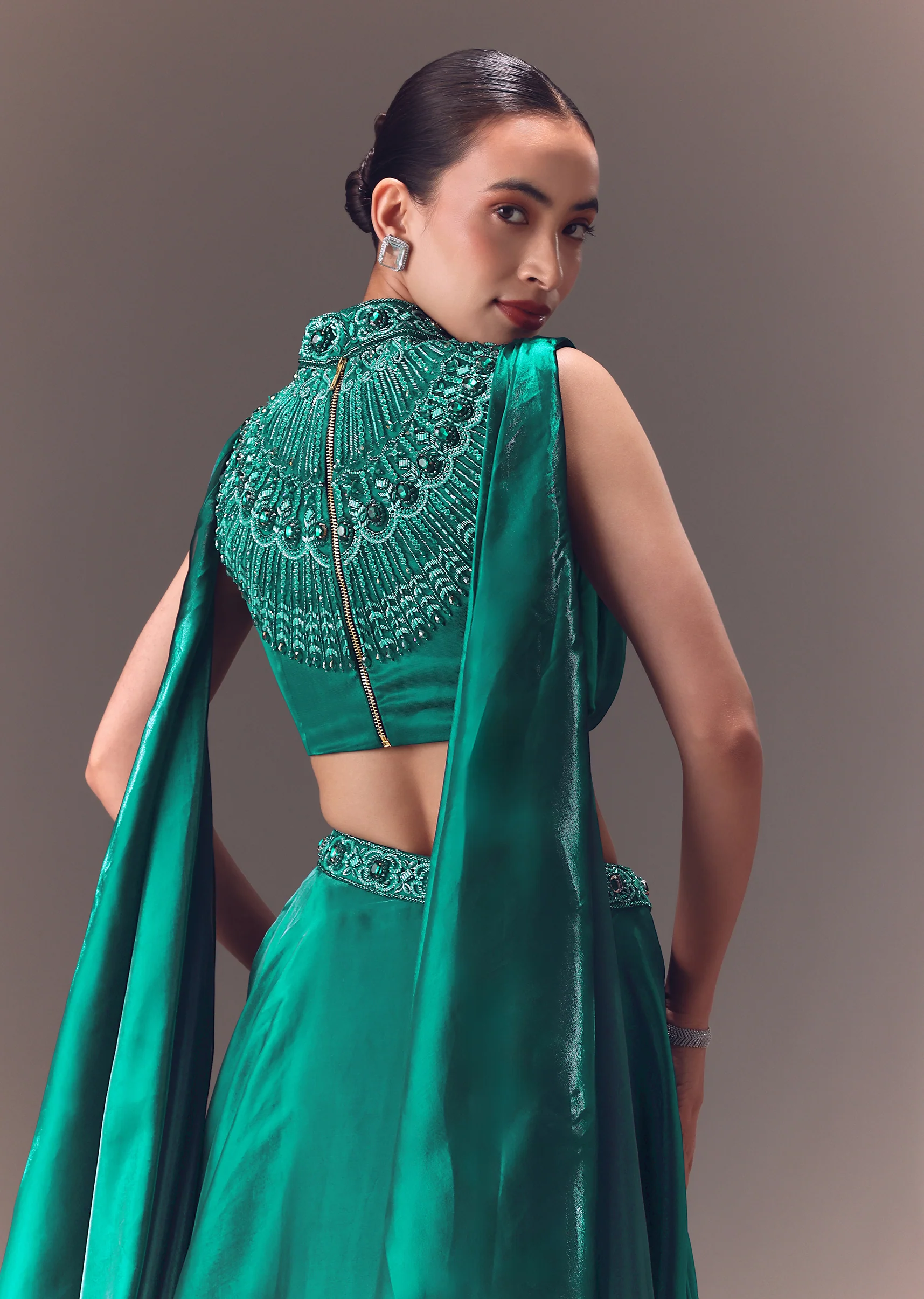 Green Organza Cowl Blouse And Lehenga Set - Image 4