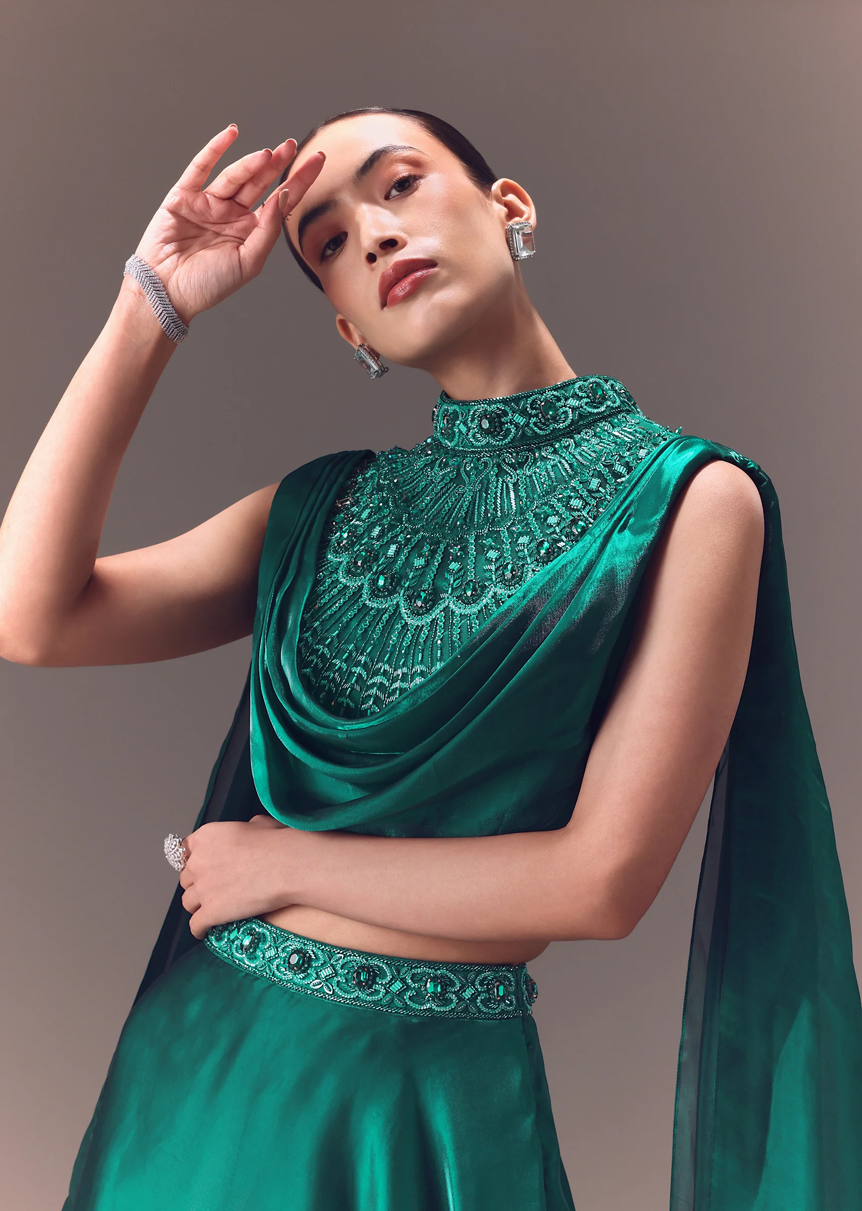 Green Organza Cowl Blouse And Lehenga Set - Image 5