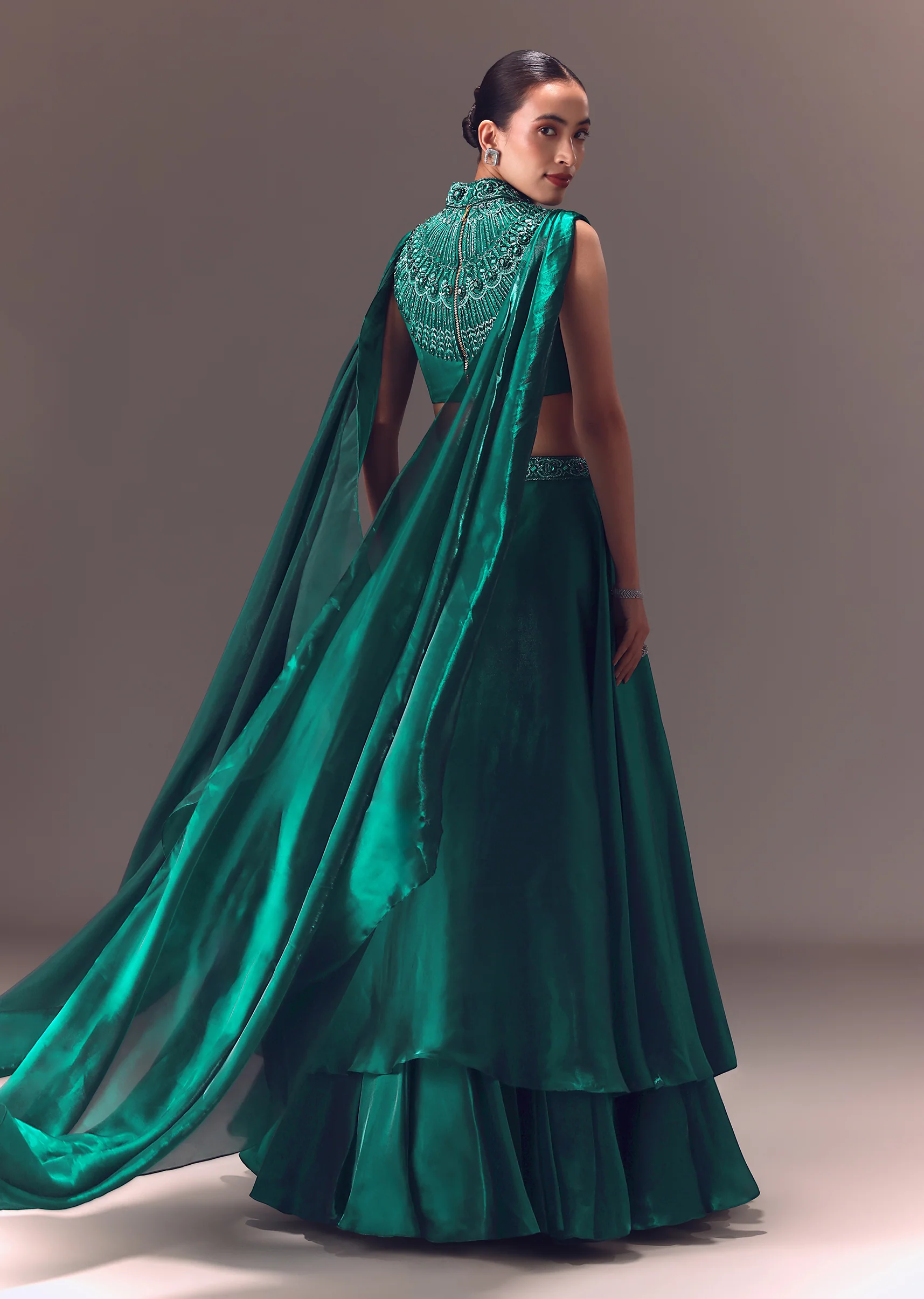 Green Organza Cowl Blouse And Lehenga Set - Image 6