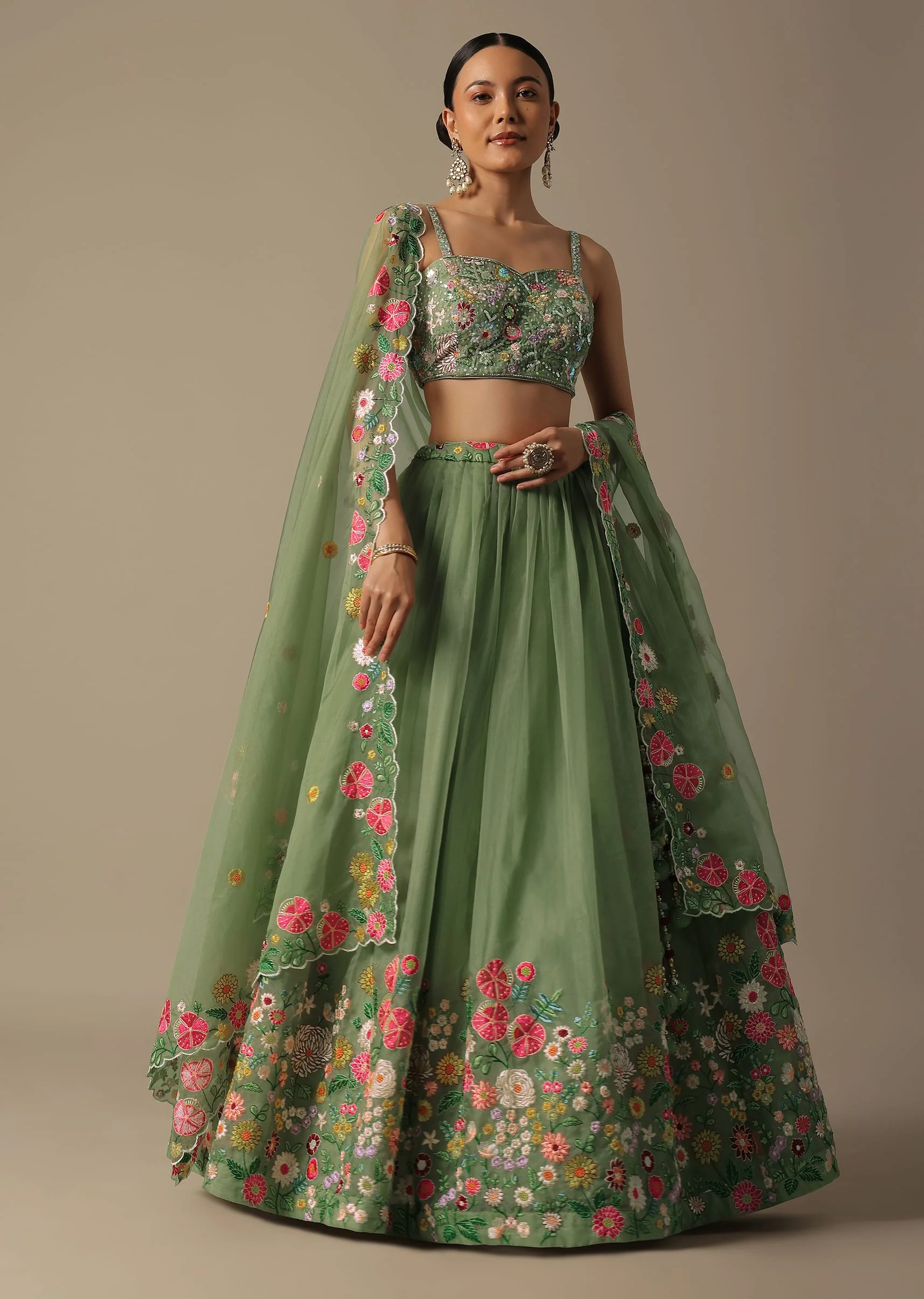 Green Organza Embroidered Lehenga Set With Floral Motifs - Image 3