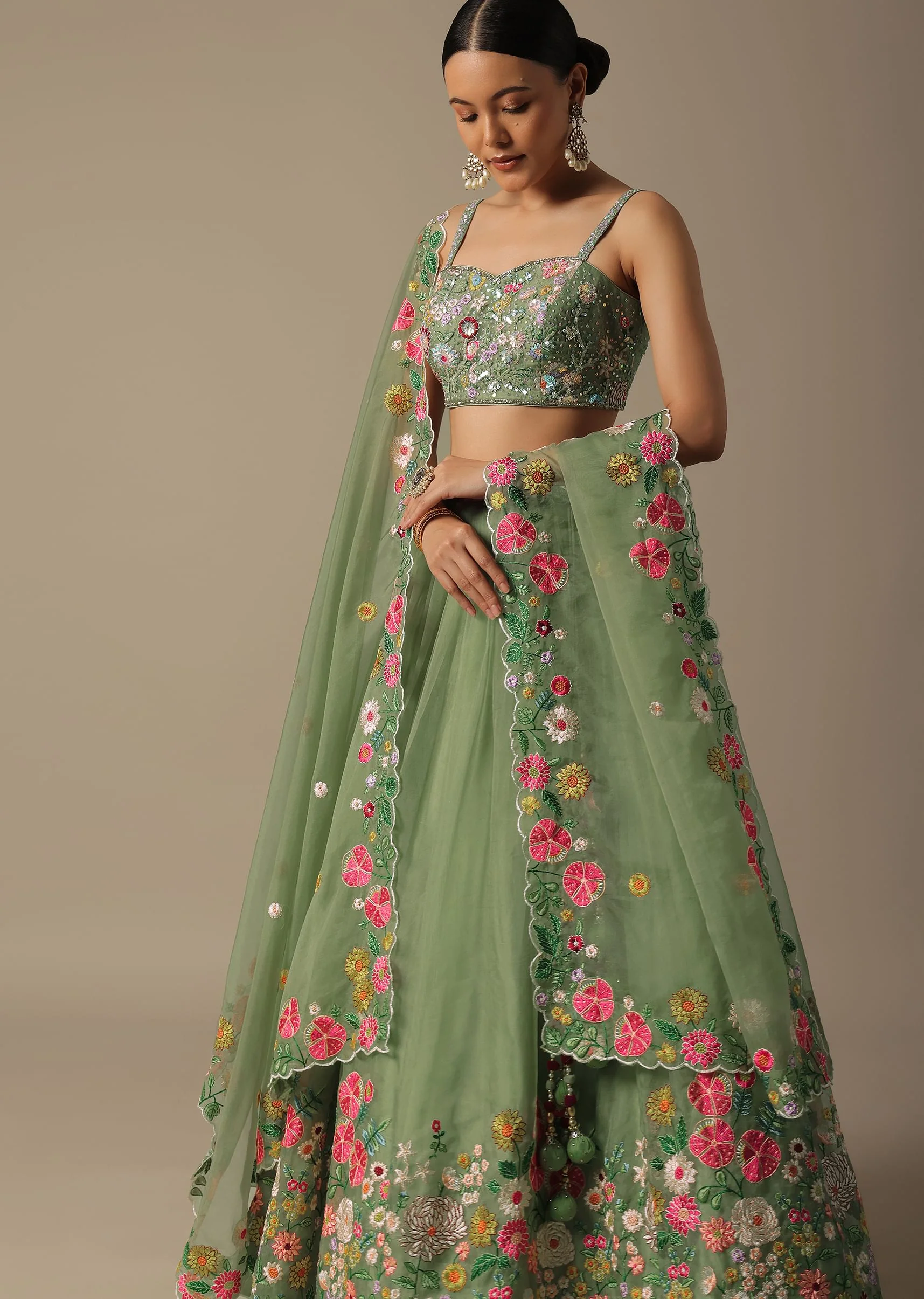 Green Organza Embroidered Lehenga Set With Floral Motifs - Image 4