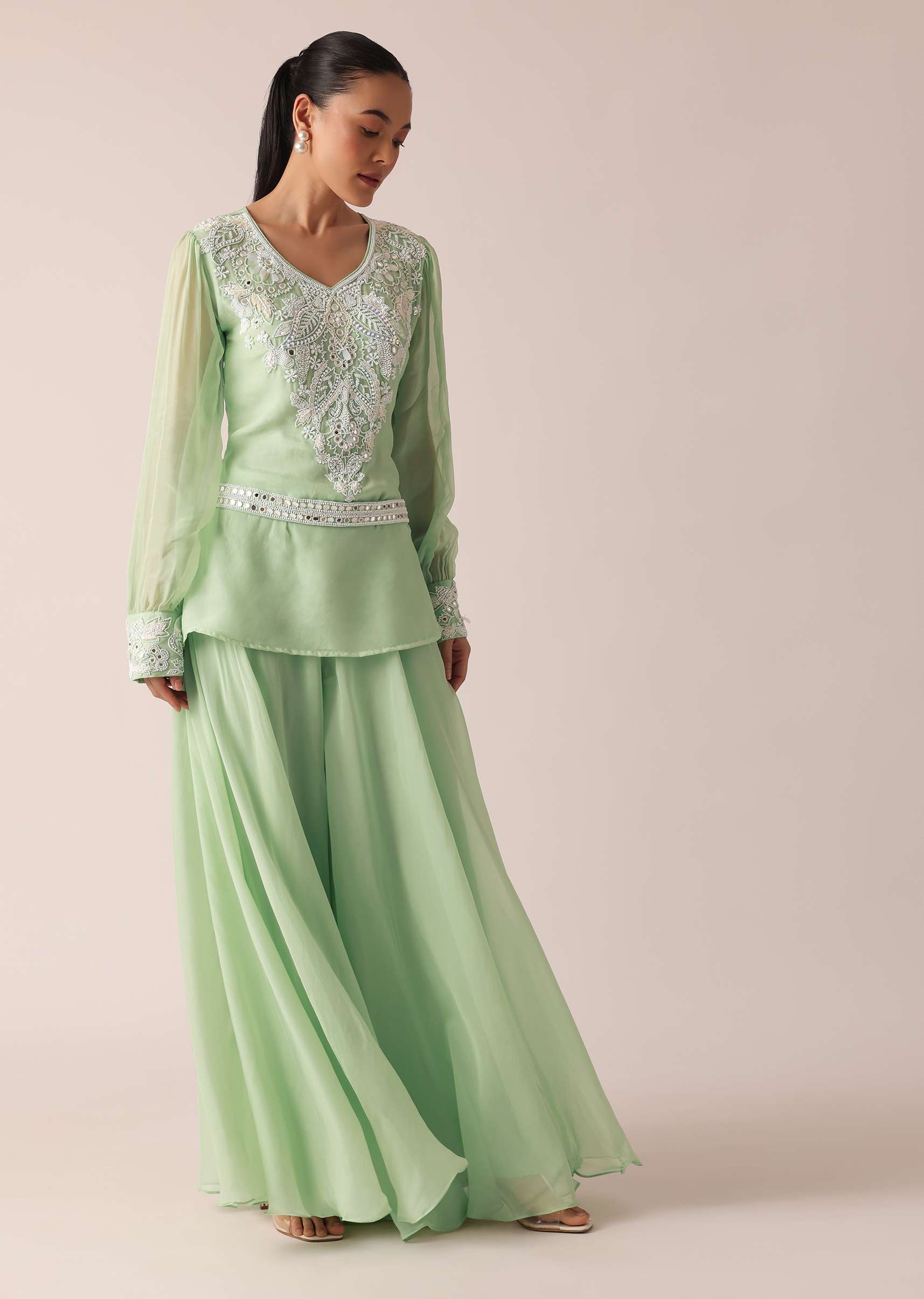 Green Organza Kurta And Palazzo Set With Embroidery And Belt - Image 3