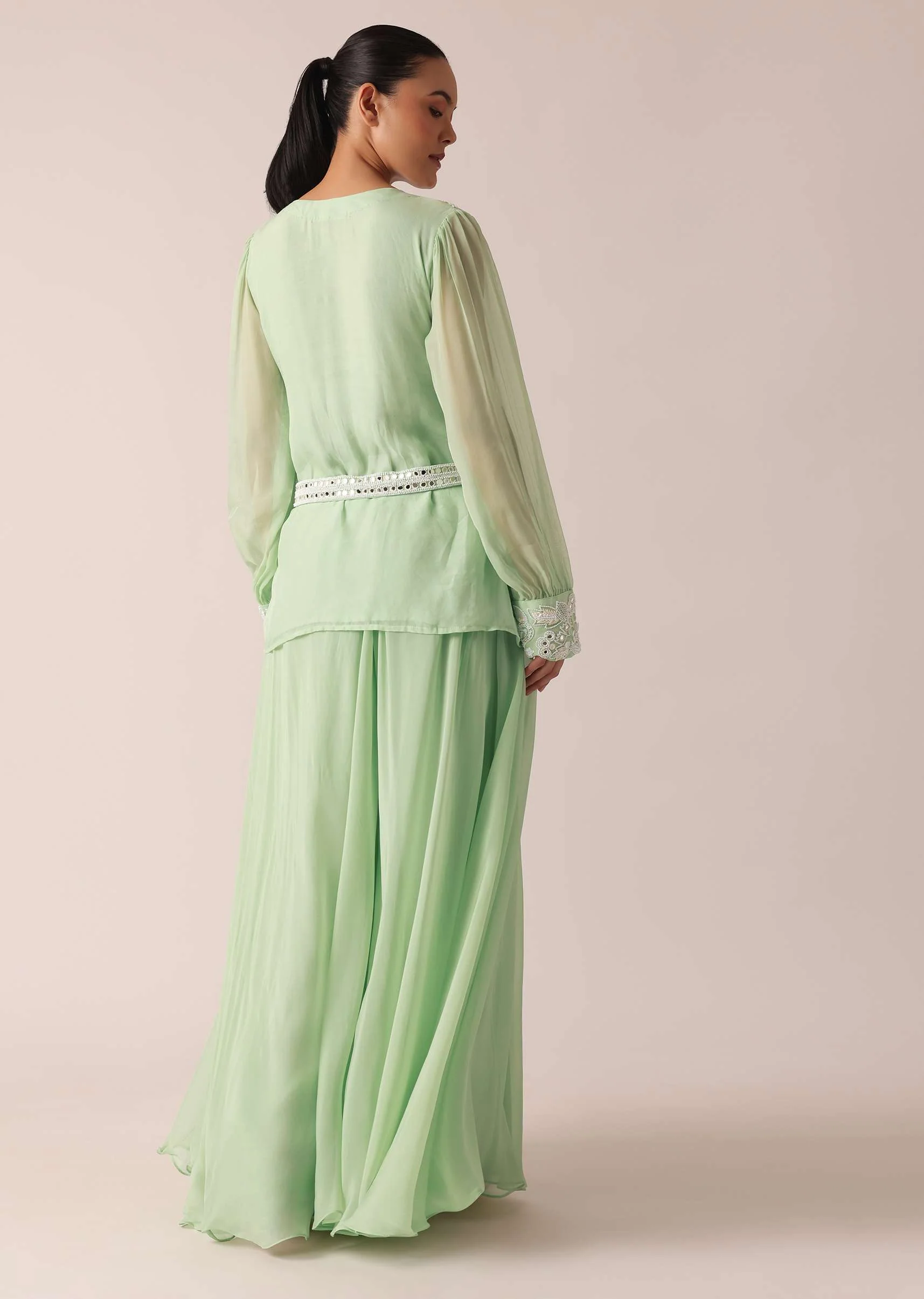 Green Organza Kurta And Palazzo Set With Embroidery And Belt - Image 5