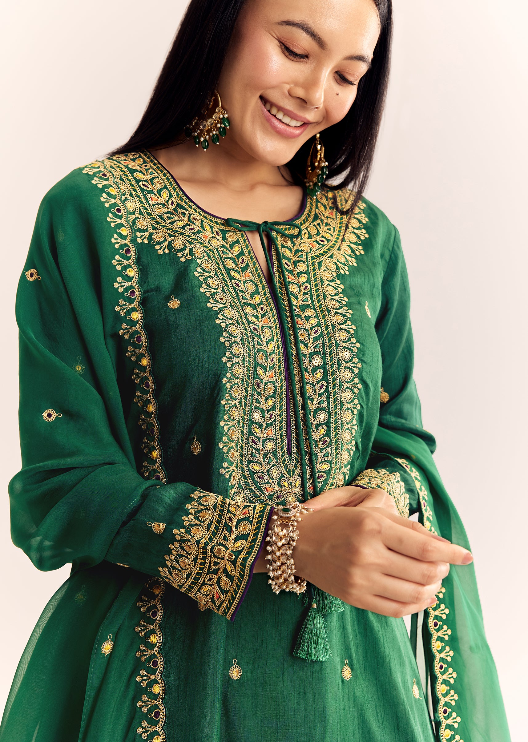 Green Organza Kurta Sharara Suit With Zari Butti Work - Image 2