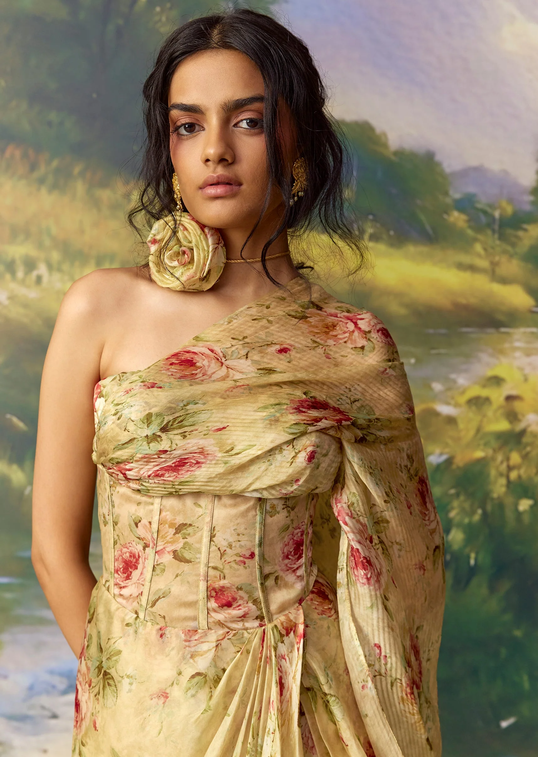 Green Organza Printed Draped Corset Saree - Image 3