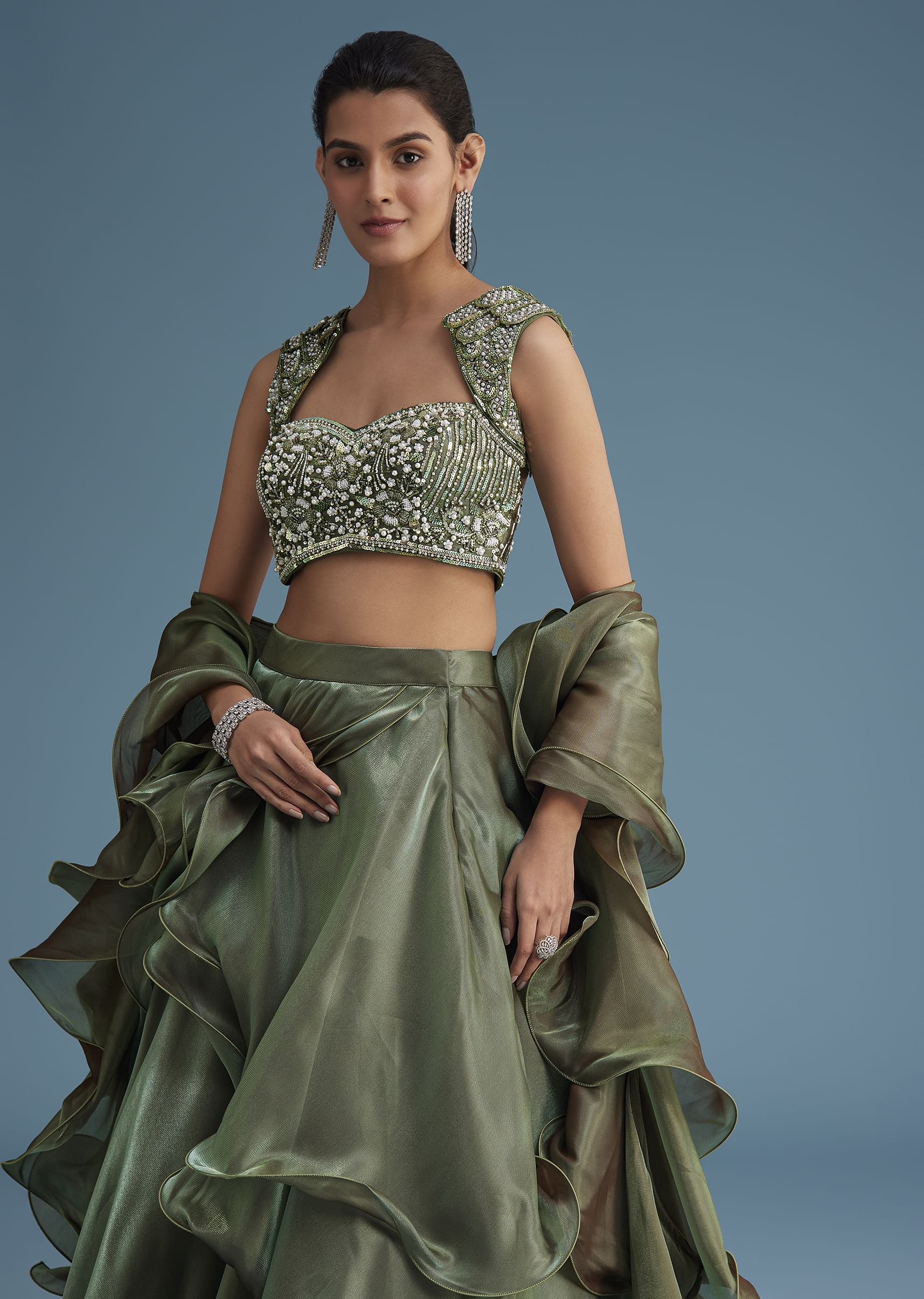 Green Organza Ruffle Lehenga Set With Embellished Blouse - Image 4