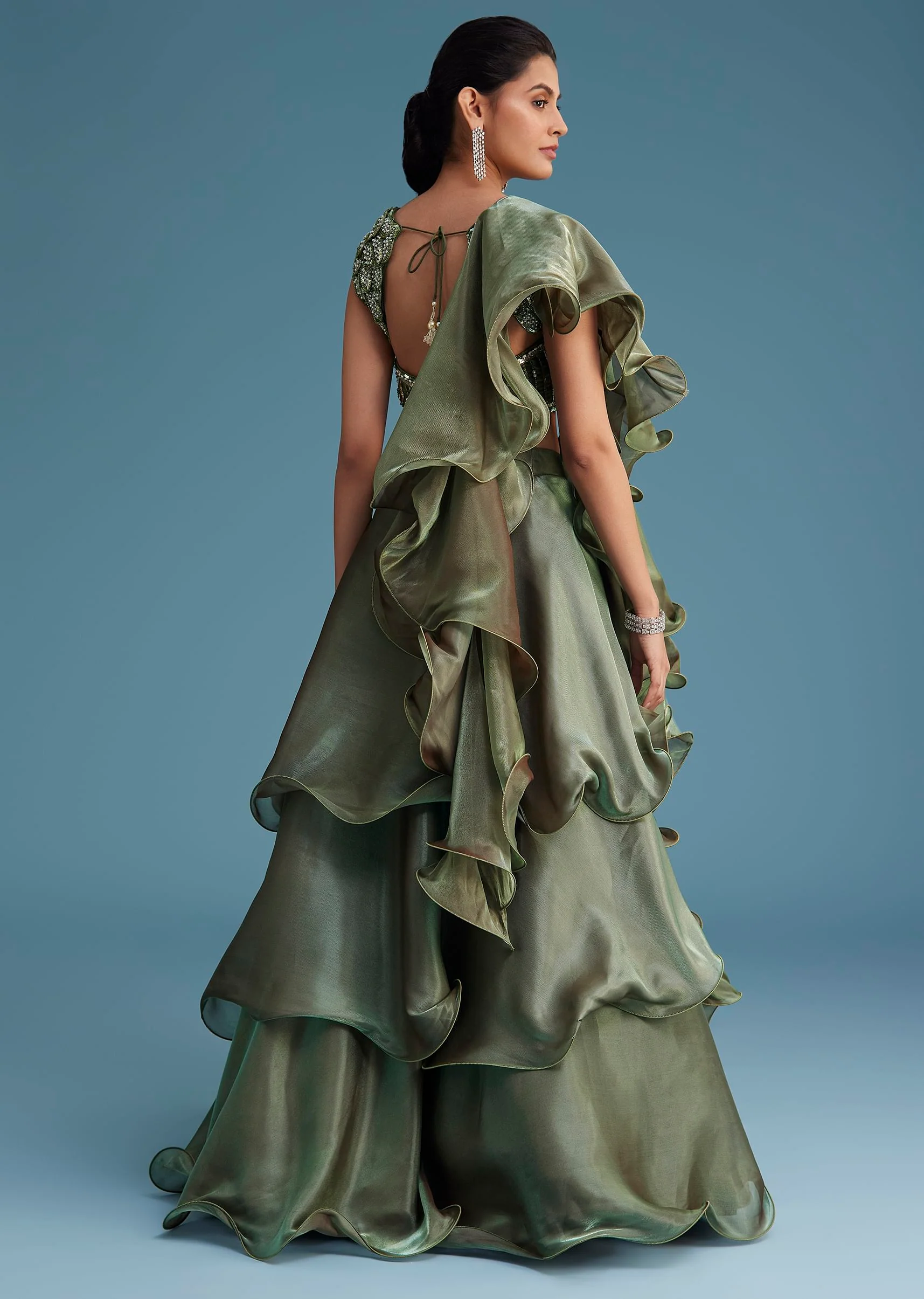 Green Organza Ruffle Lehenga Set With Embellished Blouse - Image 5